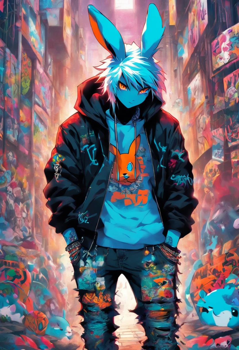 A cool and trendy rabbit, white hair, blue eyes, wearing trendy hip hop clothing, wearing a hoodie, graphic t-shirt and torn jeans, tons of tattoos and piercings, graffiti style background, highly detailed background, perfect masterpiece, high quality, high resolution