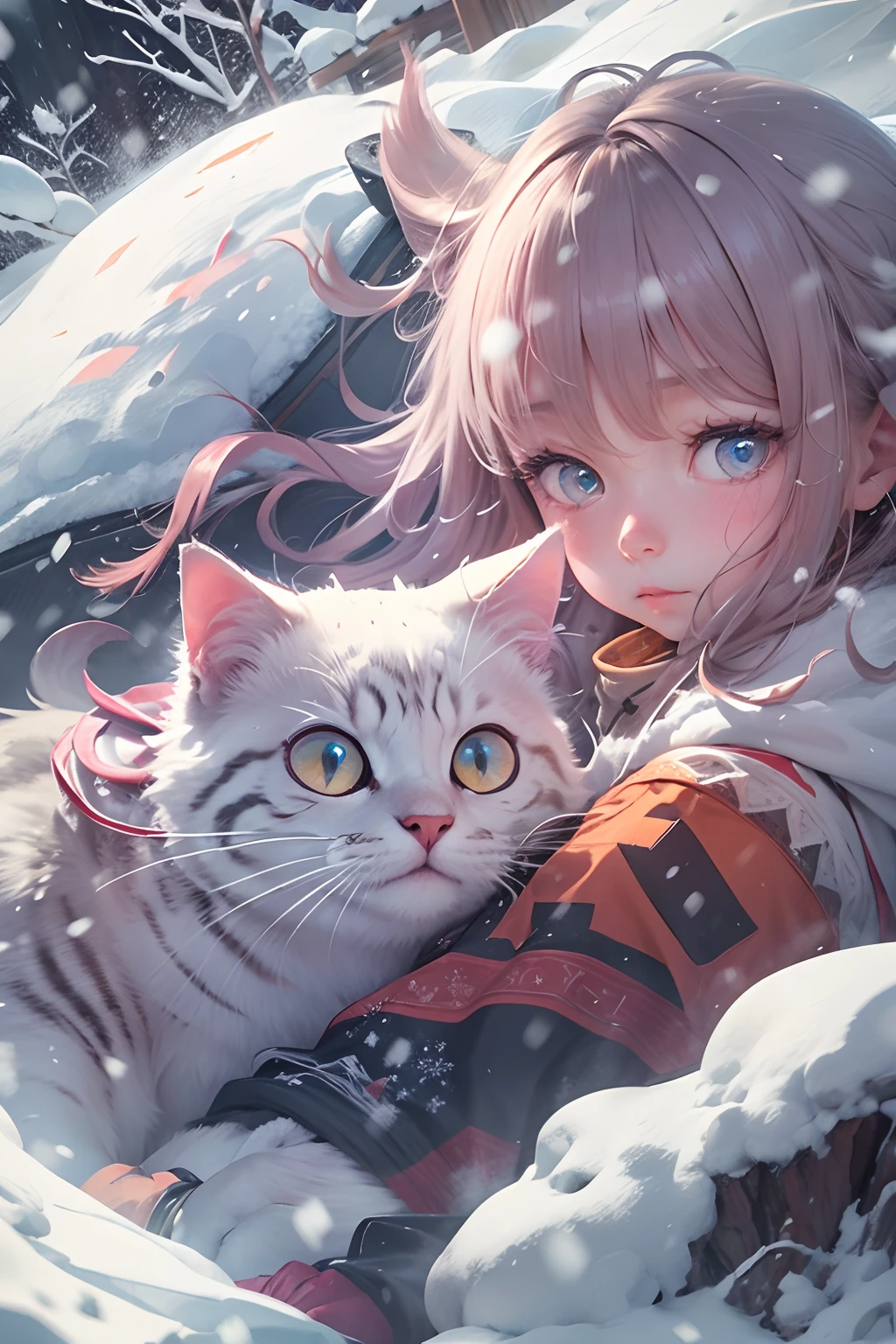drifting snow, girl and round-eyed cat. There are snowflakes falling. snow mountains.