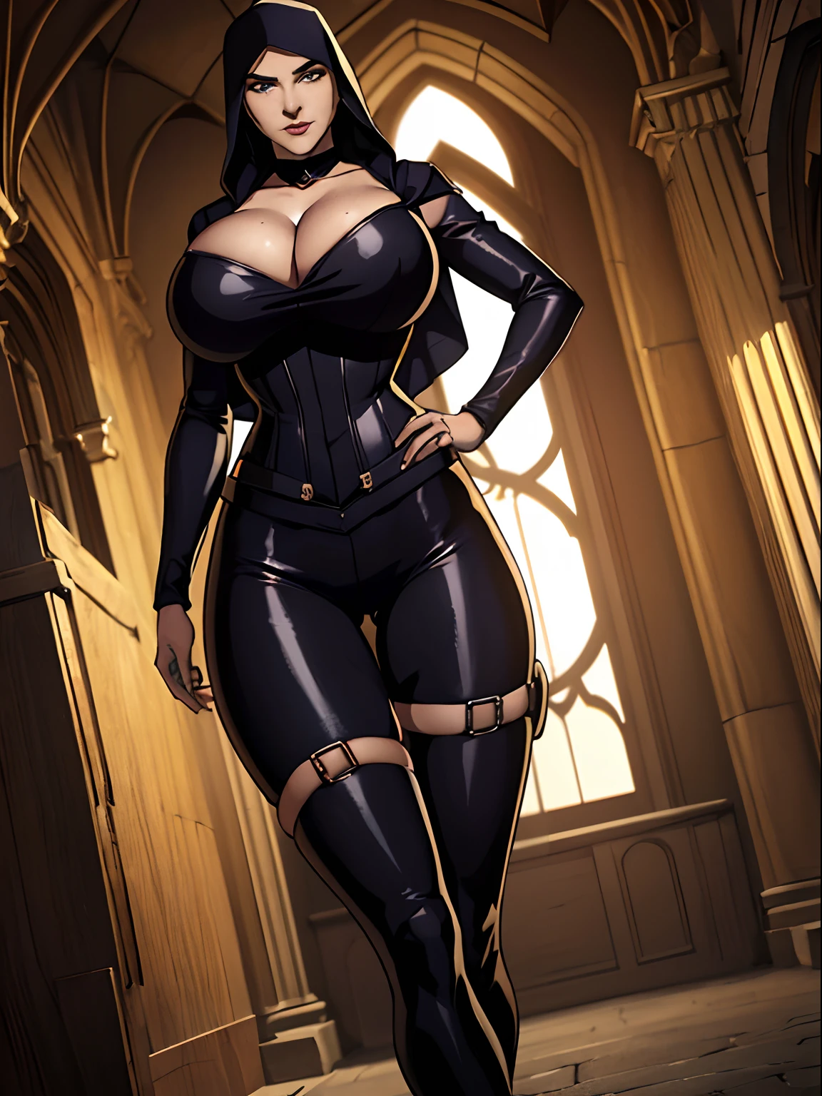 (masterpiece, top quality, best quality, official art, beautiful and aesthetic:1.2), (1girl:1.3), light freckles, fair skin, extremely detailed, portrait, looking at viewer, solo, (full body:0.6), detailed background, close up, (dark gothic theme:1.1), nun with guns, charlatan, smirk, mysterious, swaggering through cathedral, modest attire, black habit, cowl, nun hood, wimple, thigh-high boots, bodysuit, leotard, corset, leather straps, ammunition pouches, long boots, submachineguns, SMGs, MP5s, thigh pouches, holsters, garters, ((((narrow hips, slim y body, gigantic bre), slim waist, slim hips, long legs, modern (cathedral exterior:1.1) background, dark mysterious lighting, shadows, magical atmosphere, dutch angle,