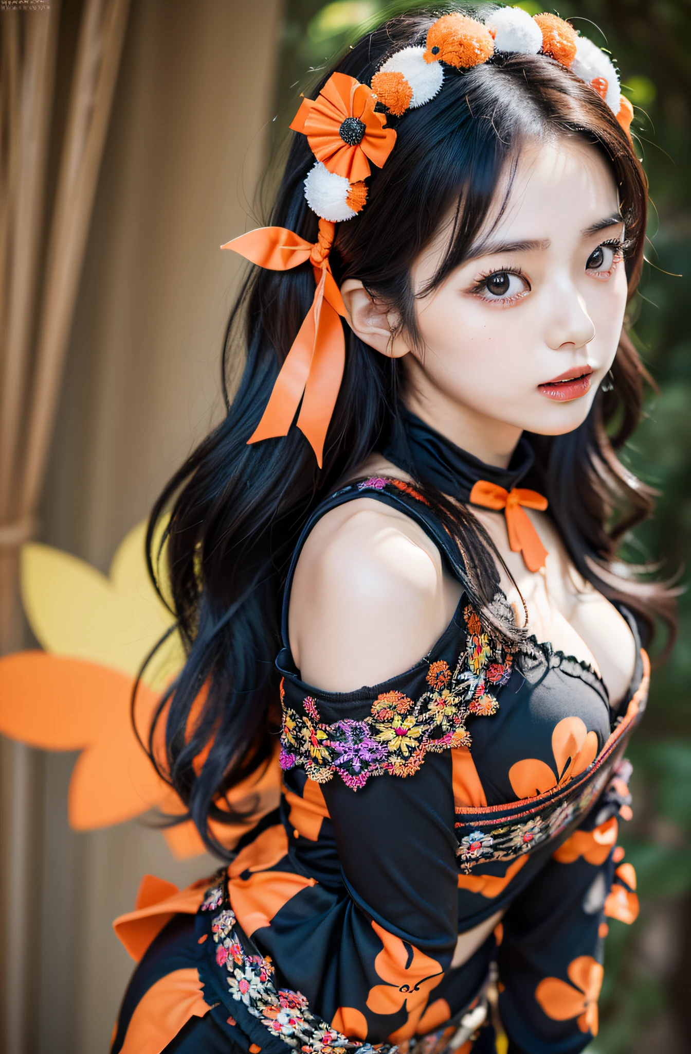 Eri Kamei from Morning Musume, Decorated with a Halloween ensemble that perfectly complements her beauty and sensual figure. The image is、It must be proof of the fusion of AI and art, Catch her in moments of playful mischief and charm. The backdrop should be minimalistic, Make sure she is focused. Emphasis must be placed on realistic realism, The colors of the costume are popping out on a calm background. Photos must be taken with a high-resolution 16k camera, Ensure Ultra HD clarity. The lens you choose should be 85mm, Ensure soft bokeh effect in the background, Elipin has a sharp focus. the setting must be f/8, ISO 100, Shutter speed 1 o'clock/125. --ar 16:9 - V5.1 --Style raw --Q 2 --S 750