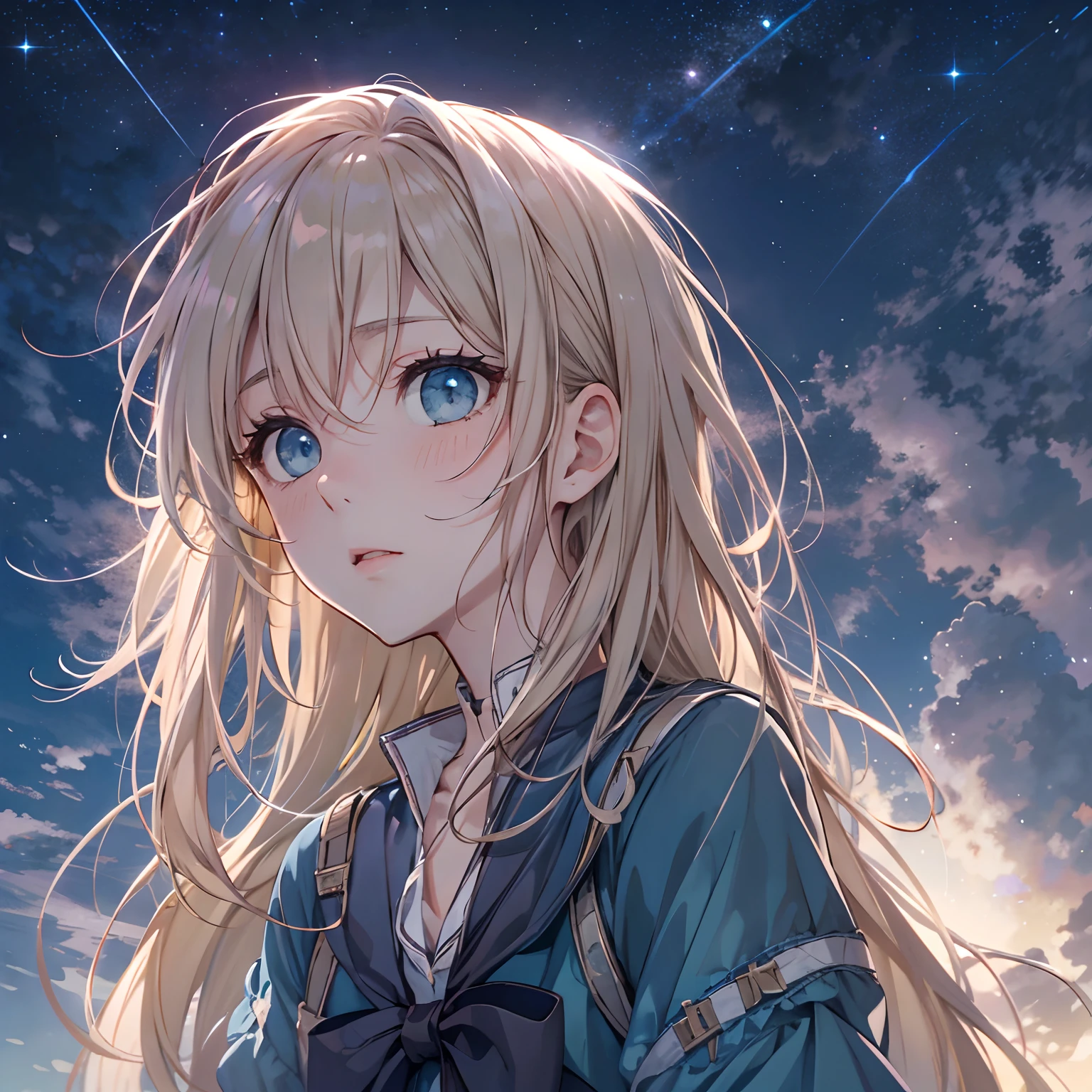 absurderes、hight resolution、(Official art、Beautifully Aesthetic:1.2)shining sky, Vast world, Distant horizon, clouds, High hills, natural beauty, nigh sky, Shining stars, kirakira, Smooth straight beige hair,(Deep Blue Eyes:1.2),(Looking Up:1.1),(A wistful look),(Looking up at the night sky:1.2)