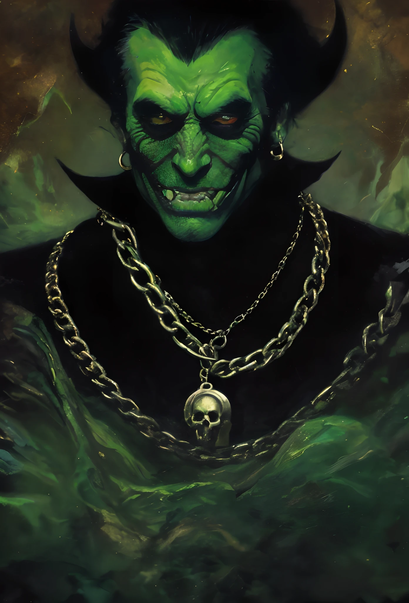 Painting of a green devil with a skull and a chain around his neck, inspirado em Jeff Easley, retrato verde do duende, jeff easley cinematic, inspirado em Joe Jusko, Directed by: Jeff Easley, O Duende Verde, Directed by: Joe Jusko, inspirado em Don Maitz, Neal Adams | sinistro, Estilo de Simon Bisley, Duende Verde