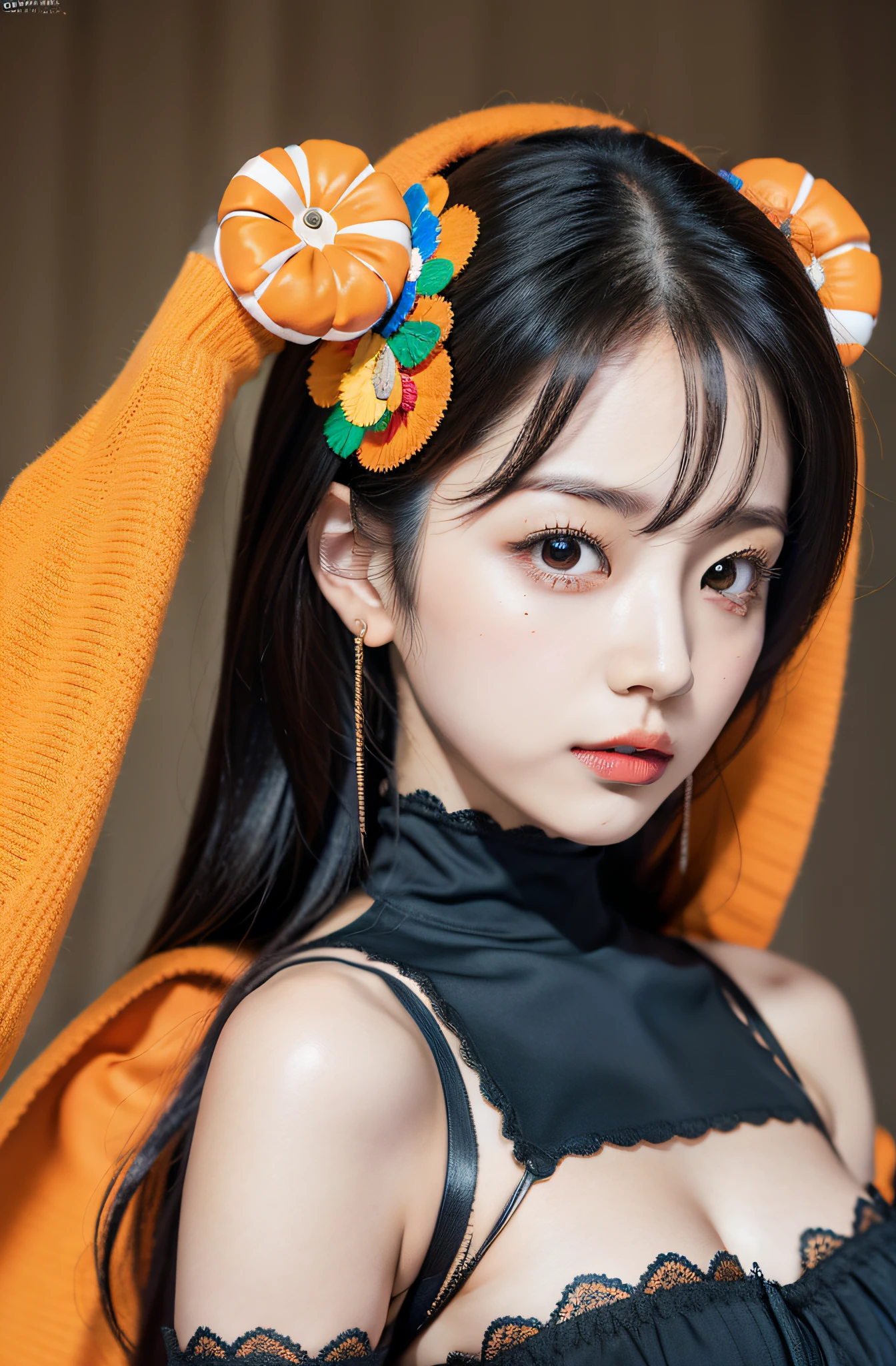 Eri Kamei from Morning Musume, Decorated with a Halloween ensemble that perfectly complements her beauty and sensual figure. The image is、It must be proof of the fusion of AI and art, Catch her in moments of playful mischief and charm. The backdrop should be minimalistic, Make sure she is focused. Emphasis must be placed on realistic realism, The colors of the costume are popping out on a calm background. Photos must be taken with a high-resolution 16k camera, Ensure Ultra HD clarity. The lens you choose should be 85mm, Ensure soft bokeh effect in the background, Elipin has a sharp focus. the setting must be f/8, ISO 100, Shutter speed 1 o'clock/125. --ar 16:9 - V5.1 --Style raw --Q 2 --S 750