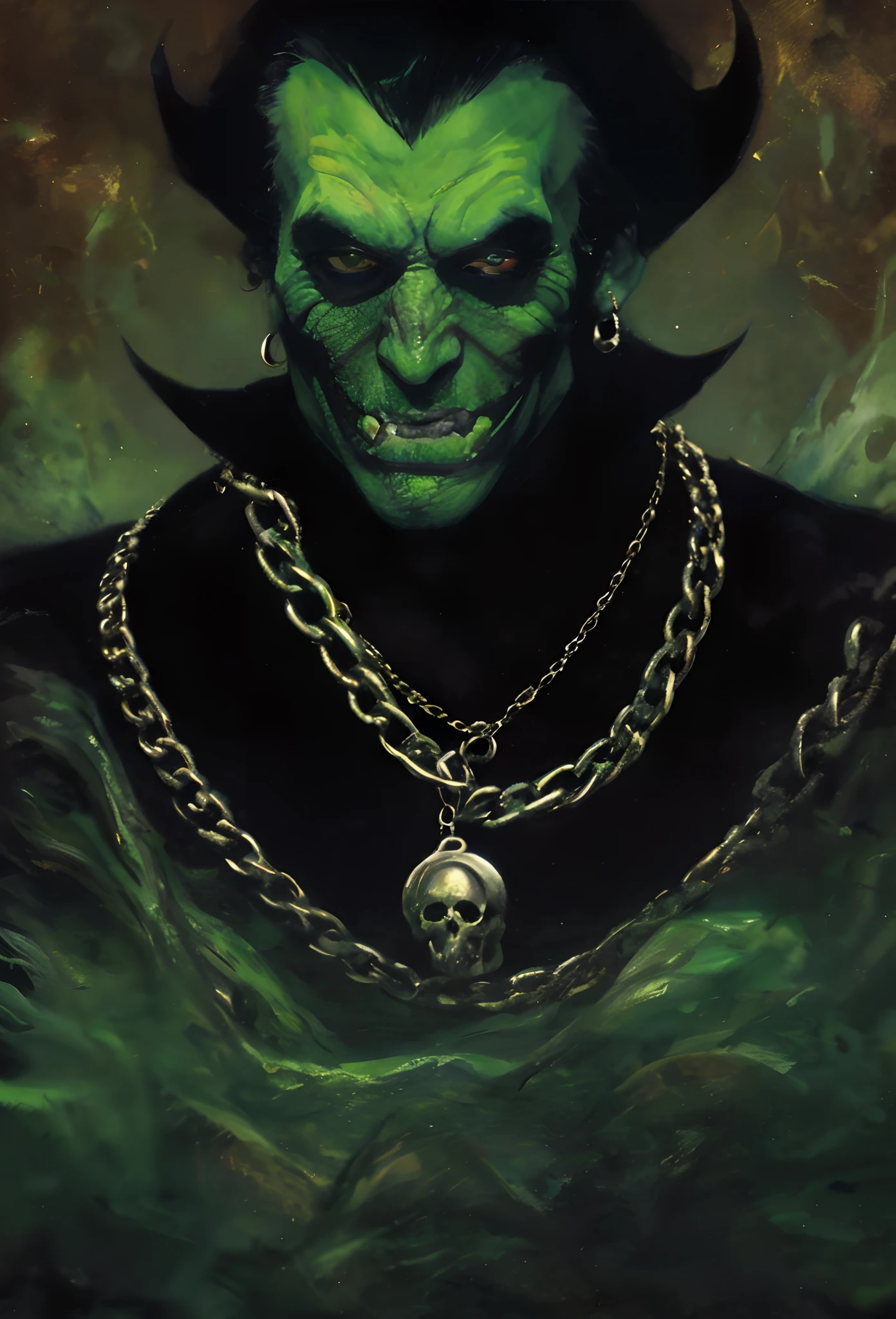 Painting of a green devil with a skull and a chain around his neck, inspirado em Jeff Easley, retrato verde do duende, jeff easley cinematic, inspirado em Joe Jusko, Directed by: Jeff Easley, O Duende Verde, Directed by: Joe Jusko, inspirado em Don Maitz, Neal Adams | sinistro, Estilo de Simon Bisley, Duende Verde