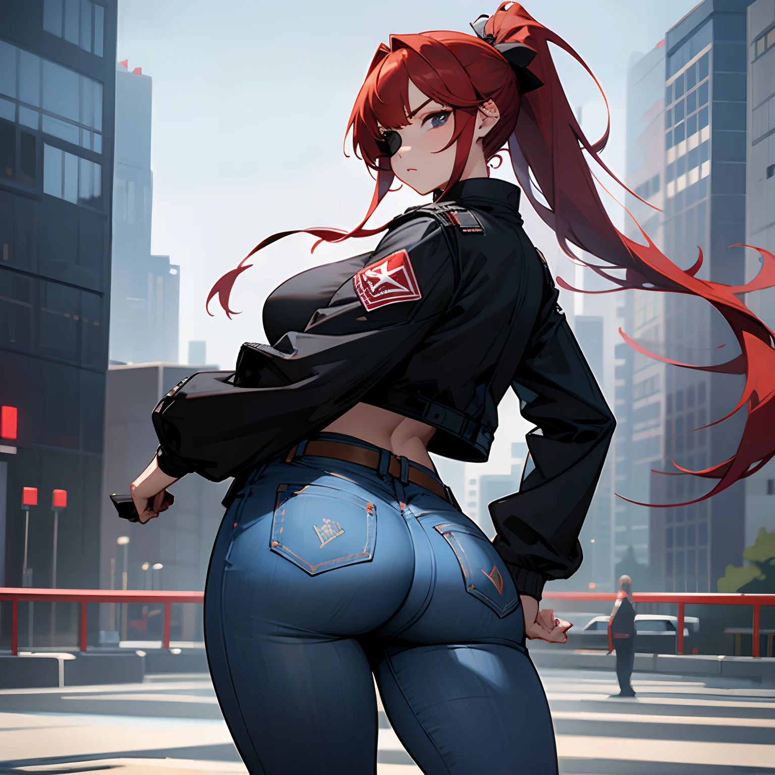 1girl, solo, detailed face, detailed eyes, red hair, long ponytail, white eye, serious, eyepatch, standing, huge breasts, huge ass, wide hips, black jacket, jeans, outdoors, city