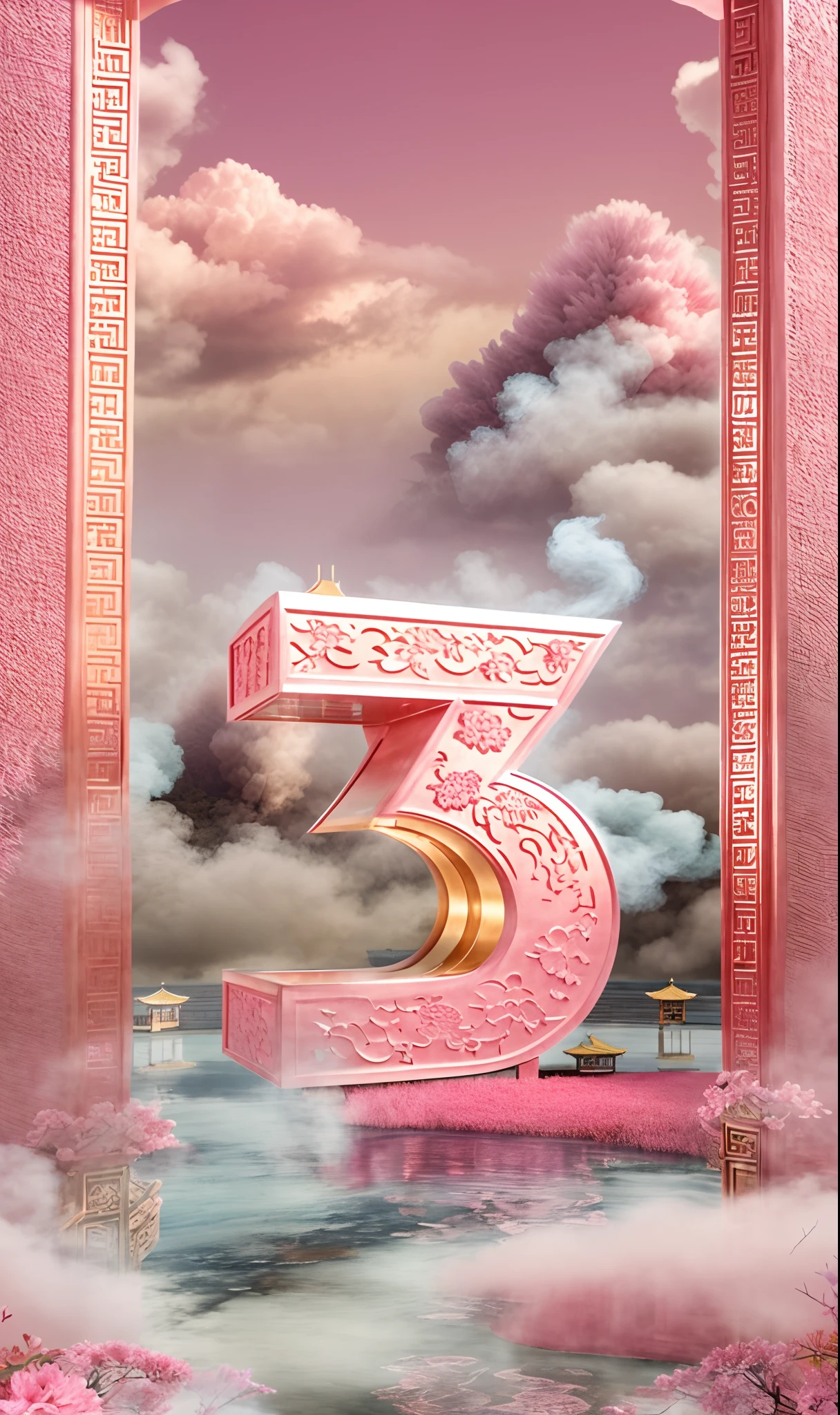 Masterpiece, Best quality, Chinese pattern engraving,Center composition, Pink Chinese architecture, C4D, Pink tree, Bright, Ultra HD, Bright colors, Cloud,water,Smoke, 16k, Wallpaper phone,Uniform tone
