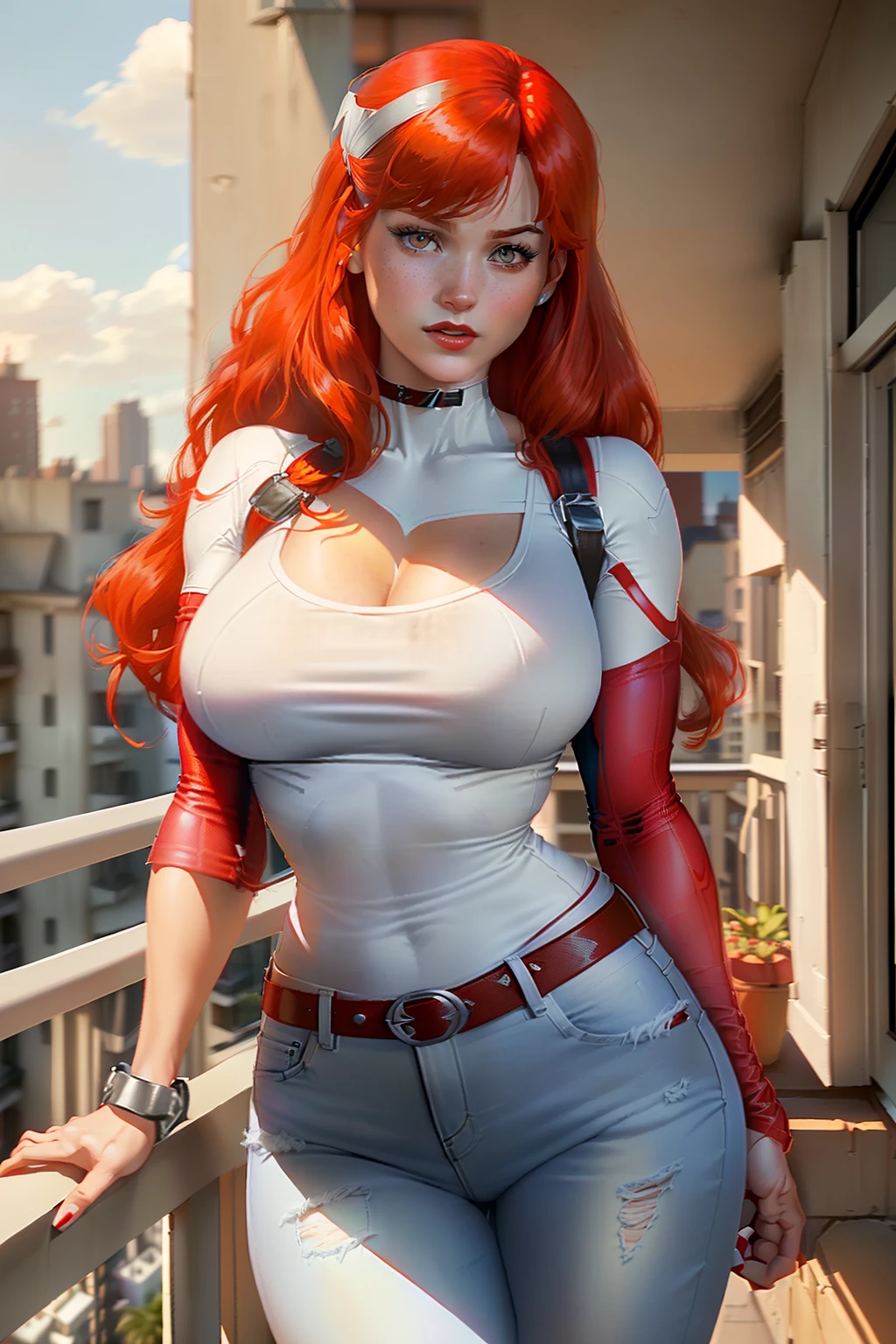 ((Mary jane watson from marvel comic series)) ((beautiful face)) (red lips) ((big bright eyes)) ((long redhead hairstyle with side bangs)) ((very huge breasts)) (perfect slim body) ((wears white t-shirt, tight low cut jeans)) ((choker, belt)) ((posing sexy on apartment balcony)) (high definition, dynamic lights and shadows) ((masterpiece)) (8k) (perfect face) (best quality) (perfect hands and eyes)