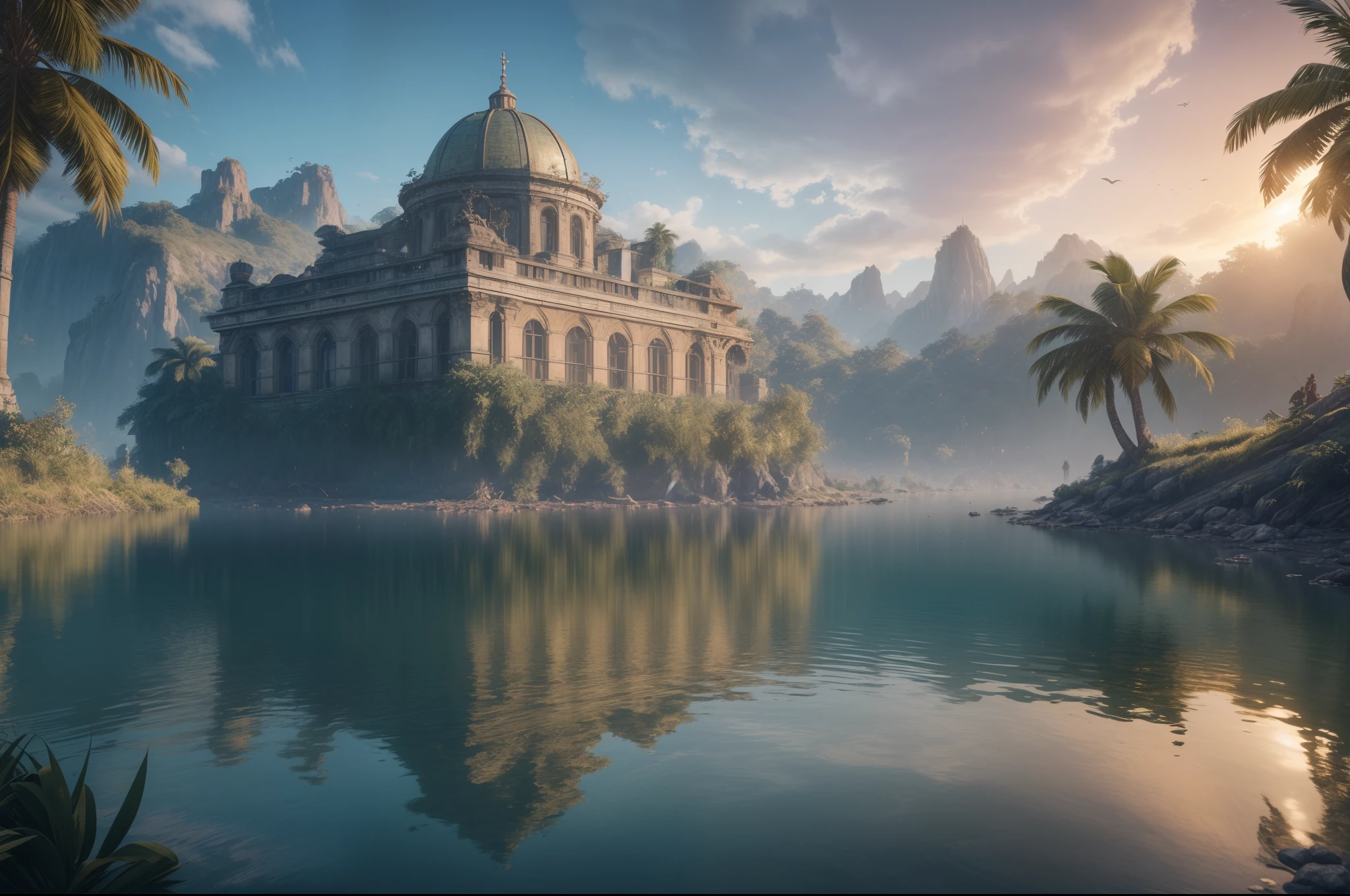 (8K, RAW photo, Best Quality, Masterpiece:1.2), (Realistic, photo-realistic:1.37), Octane Render, extra high resolution, Ultra-detailed , Professional lighting, Photon mapping, radiosity, physical based rendering, UE5, ((Island Sanctuary)), ((Ancient Fallen Kingdom)), ((Reflections in water)), ((ray traced)), ((The Drowned City))