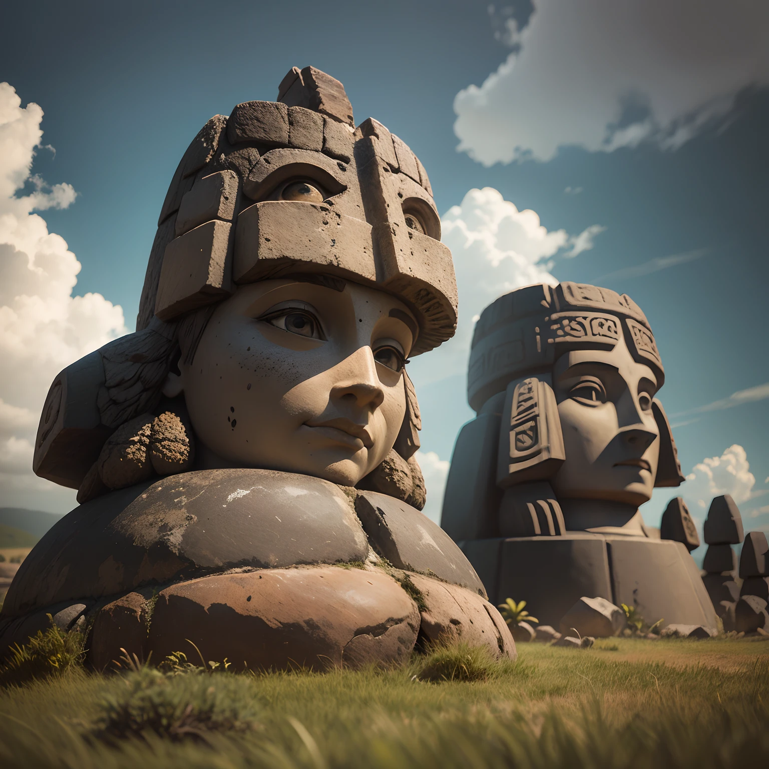 (Obra maestra) de la mejor calidad, Ultra detallado, ultrarrealista,(Estatuas de Moais de la Isla de Pascua: 1.3), Dynamic Angle, High-resolution display, Realistic lighting and shadows, impresionante.