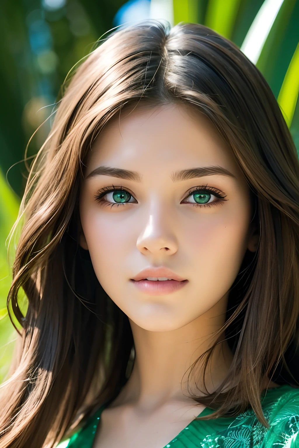 Beautiful girl in paradise, The hair is brunette, Eyes are emerald green