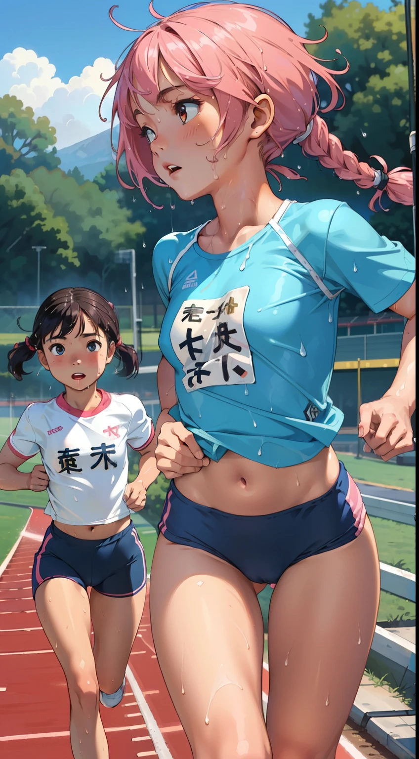 masterpiece, best quality, ultra-detailed, illustration, an extremely delicate and beautiful,high resolution, ultra-detailed,,perfect face,slender perfect body, Tight belly,Toned buttocks,Constricted waist,,(2 girls to running:1.7), yo,(1girlto pink hair,1girl to white hair), (1girl to very short hair,1girl to braided long hair),(hachimaki), shy daughter, short stature, small tits,(flom track and field), (fashionable track and field athlete),(bike shorts), small tits, (wet:1.2), track and field,((very wide shot )),(cameltoe),( visible through clothes)