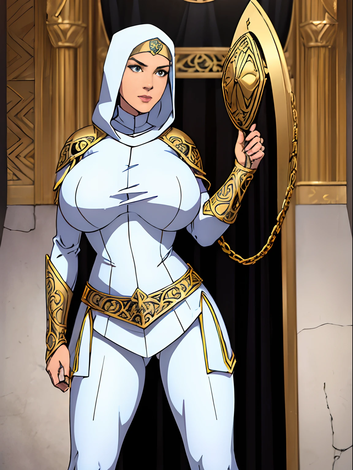 (masterpiece, top quality, best quality, official art, beautiful and aesthetic:1.2), (1girl:1.3), light freckles, fair skin, extremely detailed, portrait, looking at viewer, solo, (full body:0.6), detailed background, close up, (warm grasslands theme:1.1), holy paladin knight, charlatan, smirk, mysterious, swaying in mountains, modest attire, ((((ornate white and gold armor)))), cowl, nun hood, wimple, boob armor, cowl, robe, chain mail, chainmail, leggings, chainmail leggings, chain mail leggings, (breastplate), tabard, gorget, hood, pauldrons, greaves, armored, long boots, longsword, shield, cape, cloak, pearlescent metal, white fabric, pale leather, ((((gigantic breasts)))), slim waist, slim hips, long legs, medieval (mountain exterior:1.1) background, dark mysterious lighting, shadows, magical atmosphere, dutch angle,