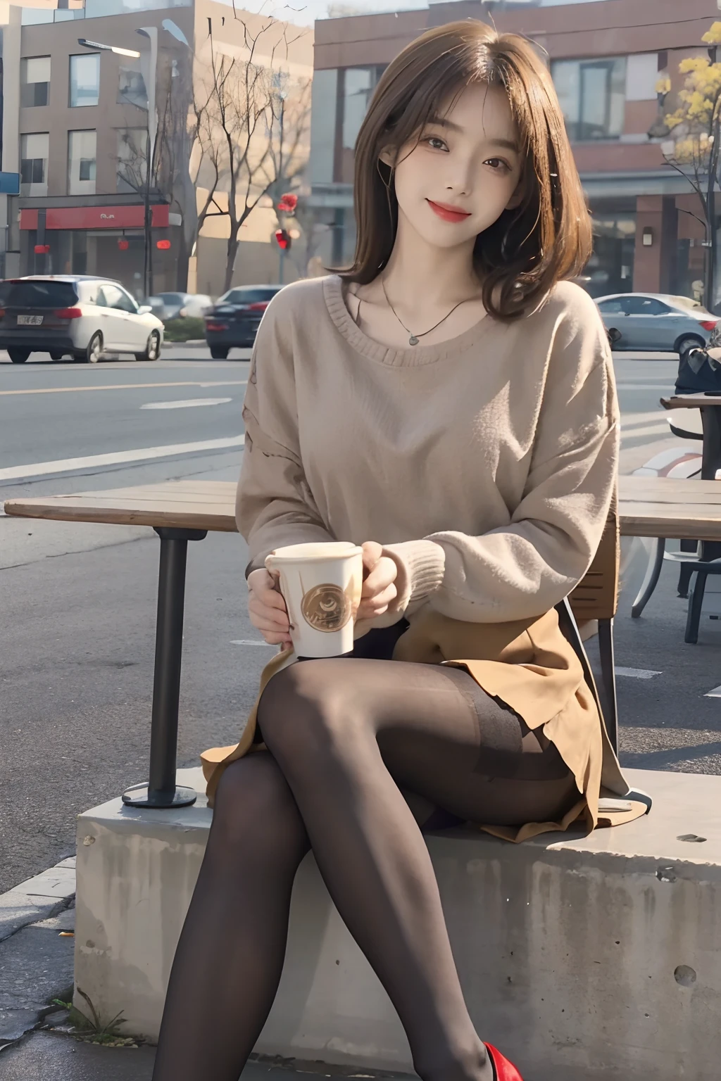 ((top-quality、8K、masterpiece:1.3))、foco nítido:1.2、(realisitic、Photorealsitic:1.37)、((beautiful smiling face))、Viewer's POV、Feet to the viewer、Feet in front of the audience、((Brown pantyhose:1.3))、Beautiful Face Woman、32years old、pointed chest、NSFW、long eyeslashes、Colorcon、Big 、delicated、Very detailed eyes、Highly detailed eyebrows、(Sharp Eyebrows)、(Thin eyebrows)、very vey very detailed face、((Brunette short disheveled hair)),Erect ,Clothed、thong、 frombelow、Stone floor、Detailed background(8K、masterpiece、top-quality、Raw foto) 、Black Nhat Sweater、Beautiful woman,Sitting,Red very short skirt,Streetside Cafe,Long legs、(((Cafe chair)))、drinking a cup of coffee