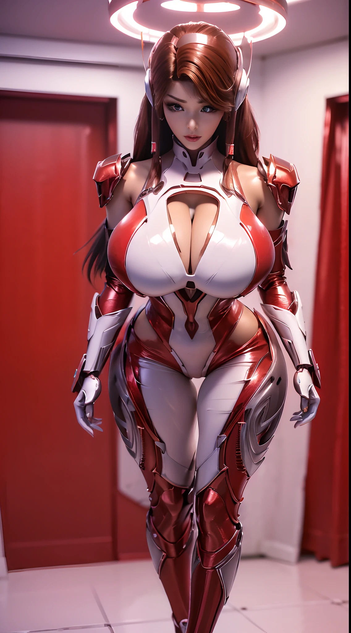 Tyran_Thai Lan, (1GIRL, ALONE, SOLO), (super detailed face), (half face mecha helm:1), (BIG BUTTOCKS, HUGE FAKE BREAST:1.5), (CLEAVAGE:1.5), (MUSCLE ABS:1.3), (MECHA GUARD ARMS, DIAMOND CORE IN MECHA ARMOR:1.3), (RED SHINY FUTURISTIC MECHA ARMORED GEAR, MECHA SKINTIGHT SUIT PANTS, MECHA GUARD ARMOR LEGS, HIGH HEELS:1.5), (MUSCULAR FEMALE BODY, GLOWING SKIN, SEXY LONG LEGS:1.1), (LOOKING AT VIEWER:1.3), (female focus:0.9), (WALKING HALLWAY OF FUTURISTIC SPACE STATION:1), (BRIGHT LIGHT WHITE_ROOM:1.3), HYPER TEXTURE, UNREAL ENGINE RENDER, PHYSICALLY-BASED RENDERING, ULTRA HIGHT DEFINITION, 16K, 1080P.