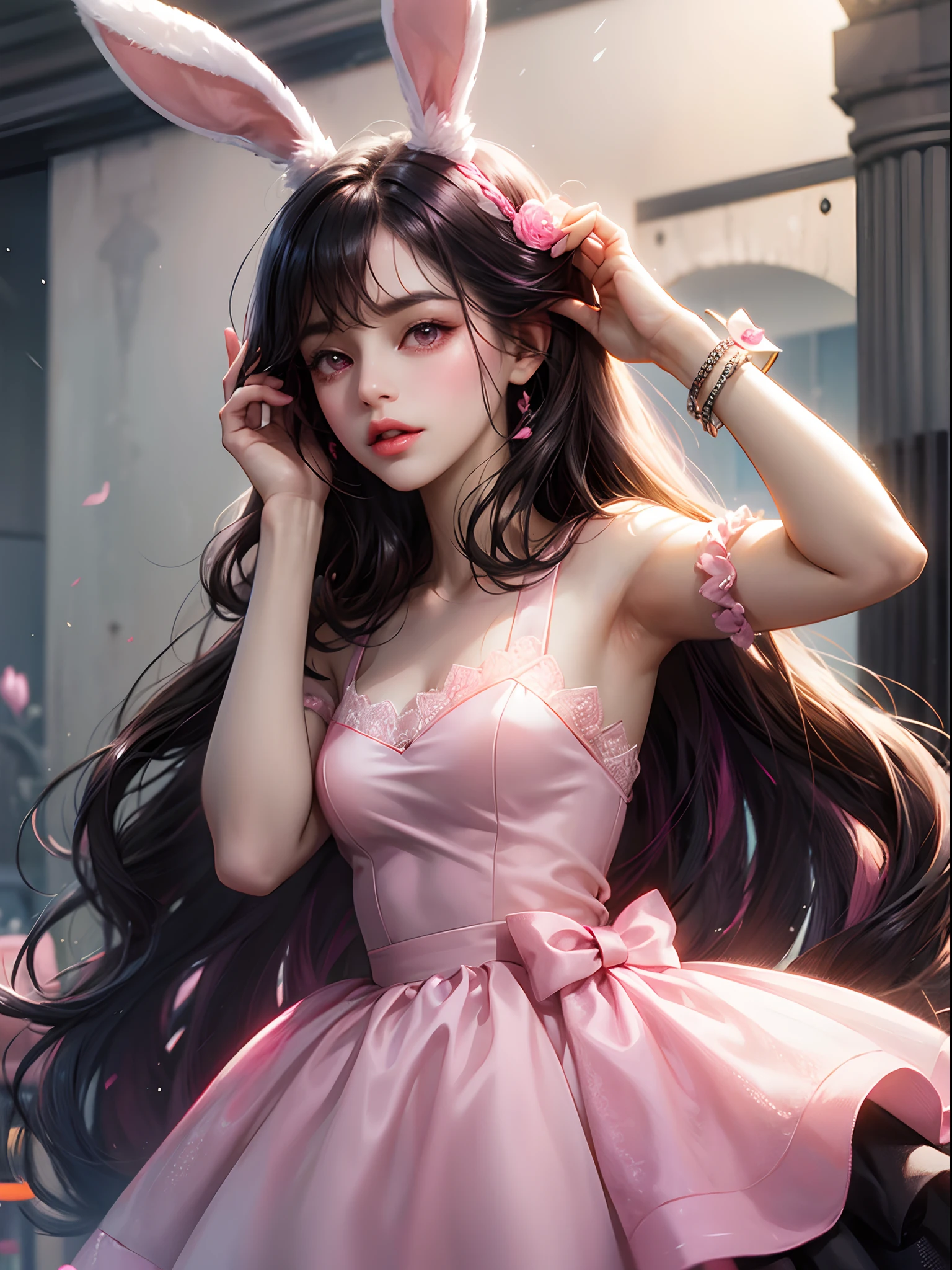 a women, pink bunny ears, black hair, pink eyes, pink dress