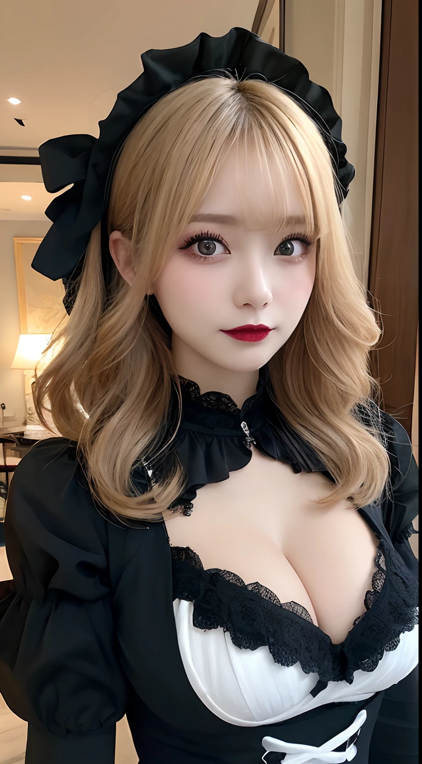masutepiece, Best Quality, Illustration, Ultra-detailed, finely detail, hight resolution, 8K Wallpaper, Perfect dynamic composition, Beautiful detailed eyes, Gothic lolita, off shoulders, Blonde wavy hair, huge-breasted, huge-breasted, Huge breasts, huge-breasted, huge-breasted, cleavage of the breast, Gothic fashion, Gothic makeup, Bold sexy poses,Smile, Landmine fashion、20 years girl、Cute、Sexy shot looking at camera, Full body