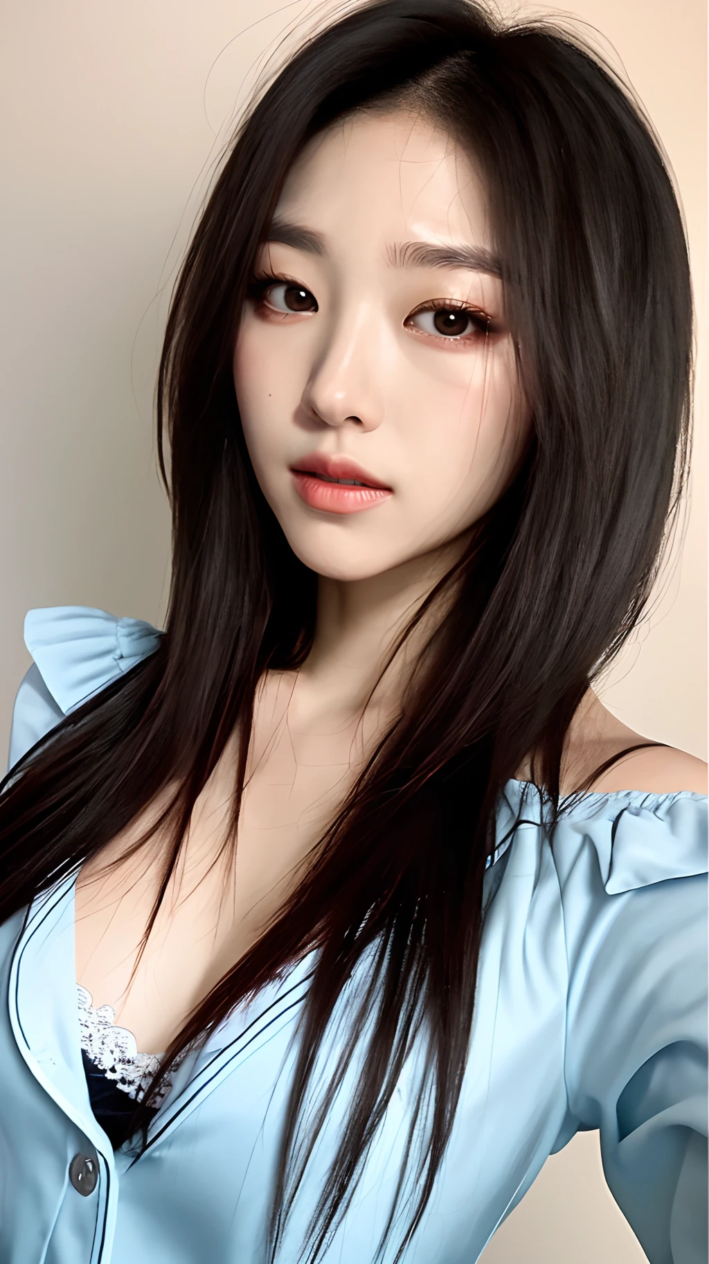 realistic photos of (1 cute Korean star) Shoulder-length hair, thin makeup, medium breasts size, camisole pyjamas, selfie, clear facial features of Canon EOS, 8K high resolution, sharp and realistic details.