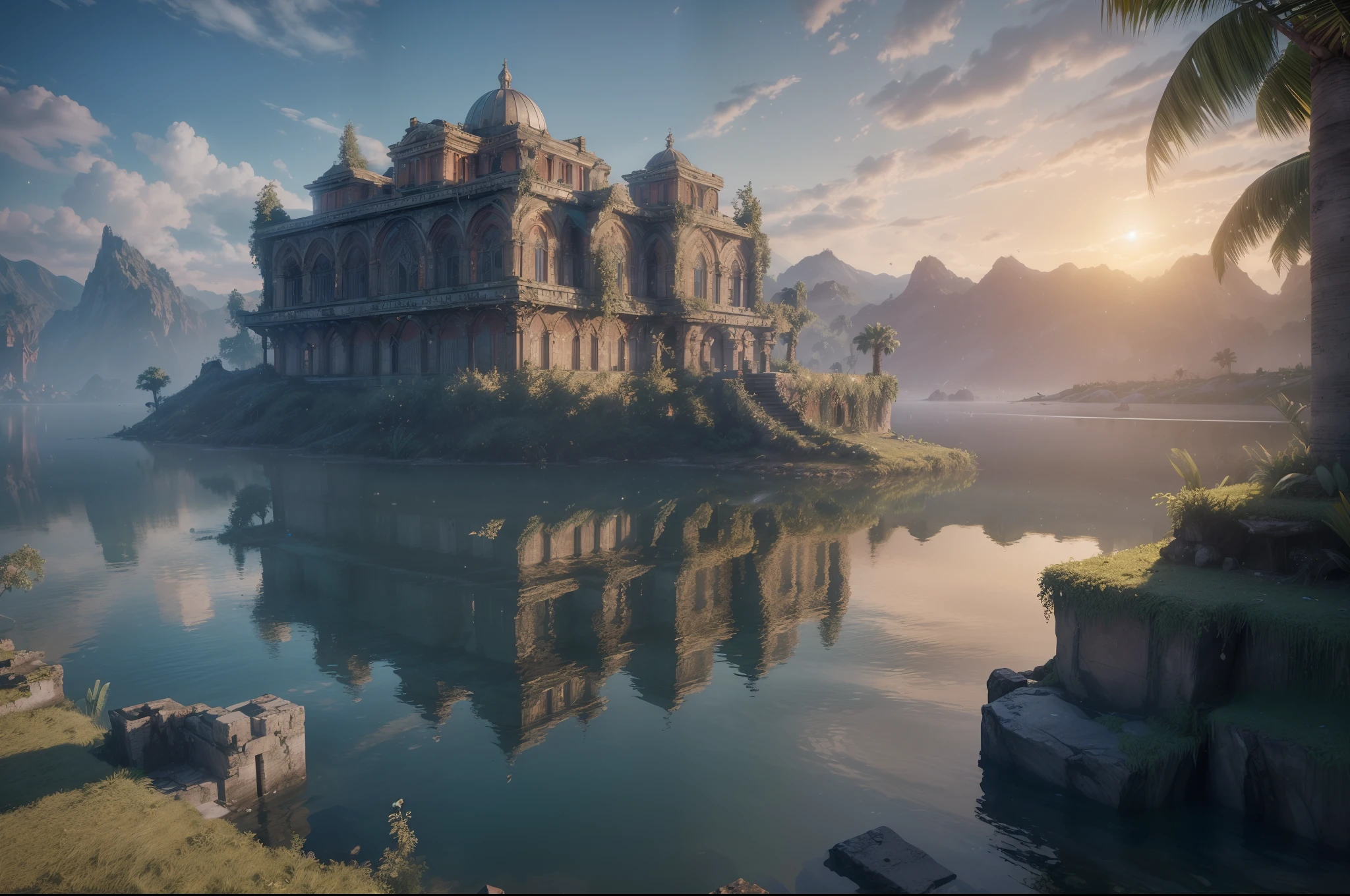 (8K, RAW photo, Best Quality, Masterpiece:1.2), (Realistic, photo-realistic:1.37), Octane Render, extra high resolution, Ultra-detailed , Professional lighting, Photon mapping, radiosity, physical based rendering, UE5, ((Island Sanctuary)), ((Ancient Fallen Kingdom)), ((Reflections in water)), ((ray traced)), ((The Drowned City))