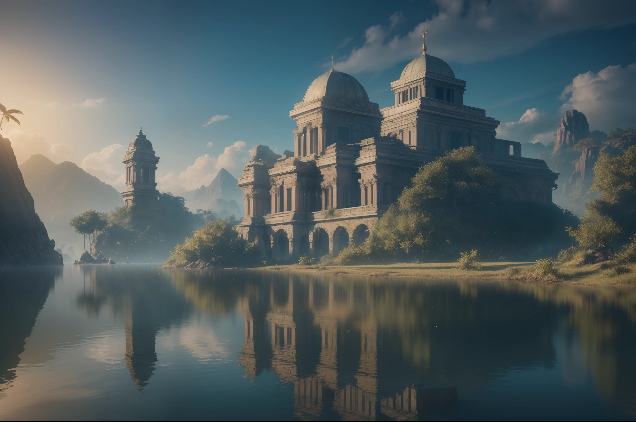 (8K, RAW photo, Best Quality, Masterpiece:1.2), (Realistic, photo-realistic:1.37), Octane Render, extra high resolution, Ultra-detailed , Professional lighting, Photon mapping, radiosity, physical based rendering, UE5, ((Island Sanctuary)), ((Ancient Fallen Kingdom)), ((Reflections in water)), ((ray traced)), ((The Drowned City))