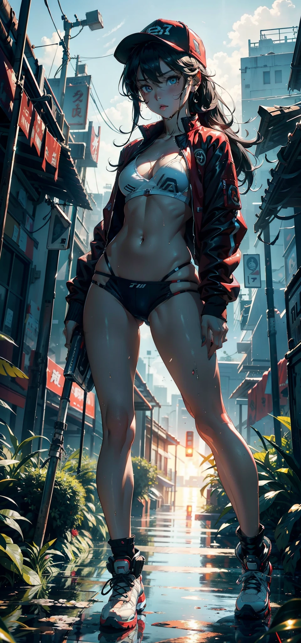 1female,9 years old,bit girl,super adorable,Tiny chest ,Pornographic exposure, 独奏,(Background with:hilltop,the rainforest,in summer,Standing water on the ground,exteriors) Feel free to hairstyle,Stride,Sweat profusely,drenched all over the body,seen from the front,Long black hair , mostly cloudy sky,(((tmasterpiece),(Very detailed CG unity 8K wallpaper),best qualtiy,cinmatic lighting,detailed back ground,beatiful detailed eyes,Bright pupils,(Very fine and beautiful),(Beautiful and detailed eye description),ultra - detailed,tmasterpiece,)),facing at camera,A high resolution,ultra - detailed)There is a robotic arm,cyber punk style,nakeness,with no underpants,revealing breasts,Bare genitalia, Bulge,Camel toes,Raised sexy,Lewd expression,Flushed complexion,Open-mouthed,frontage,elementary student(Wearing:Red baseball jacket,a white bikini,baseball cap,slippers)Full body photo,Show shoes
