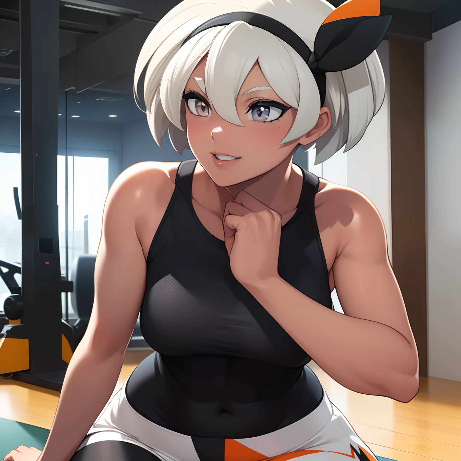 ((Bea pokemon)), (masterpiece:1.2, best quality), realistic, (real picture, intricate details, depth of field), ((1girl:1.2)), parted lips, highly-detailed, gorgeous perfect face, (skindentation), thick thighs, (wide hips), average waist, tall, ((short white hairs)), headband, beautiful grey eyes, blushing, looking at viewer, confident smile, toned body, inside gym, ((doing situps)), white shorts, black bodysuit,