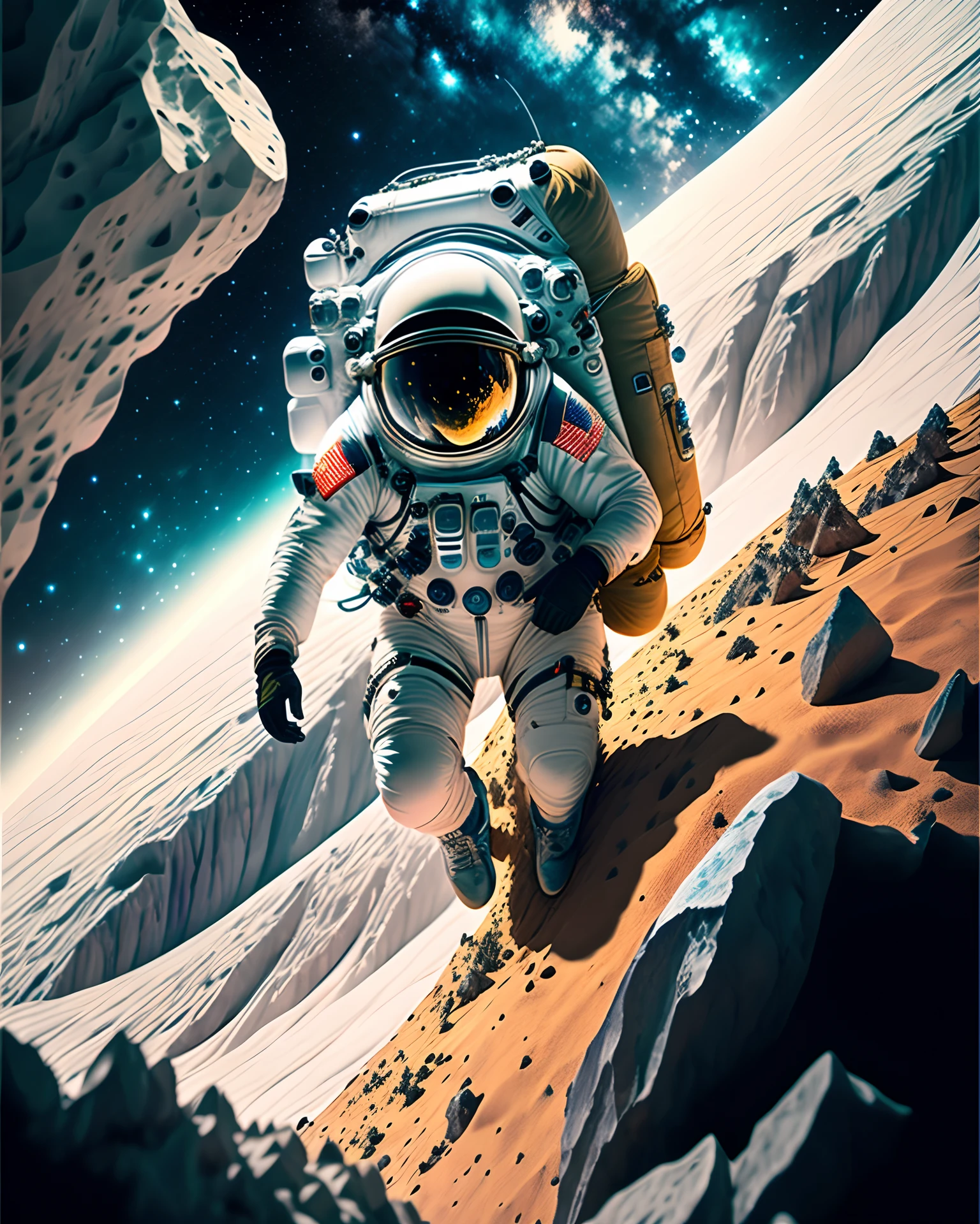 (Close-up of astronaut climbing a rocky cliff in a spacesuit), fully space suited, astronaut lost in liminal space, dusty space suit, Astronaut, astronaut in space, ("Lunar space" Theme）, detailed astronaut, astronaut in space, Spacesuit, Redshift resonance, （Astronauts climbing cliffs in space）, astronaut below, space backround, wear spacesuits, Astronaut Cyberpunk Electric, space