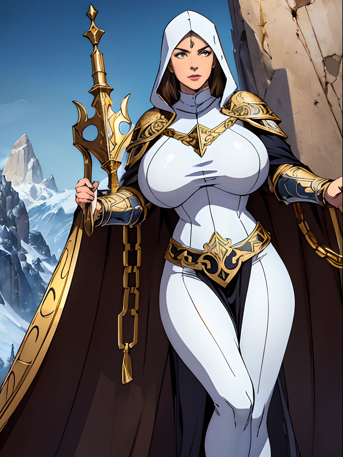 (masterpiece, top quality, best quality, official art, beautiful and aesthetic:1.2), (1girl:1.3), light freckles, fair skin, extremely detailed, portrait, looking at viewer, solo, (full body:0.6), detailed background, close up, (warm grasslands theme:1.1), holy paladin knight, charlatan, smirk, mysterious, swaying in mountains, modest attire, ((((ornate white and gold metal plate armor)))), cowl, nun hood, wimple, boob armor, cowl, robe, chain mail, chainmail, leggings, chainmail leggings, chain mail leggings, (armored breastplate), tabard, gorget, hood, pauldrons, greaves, armored, long boots, longsword, shield, cape, cloak, pearlescent metal, white fabric, pale leather, ((((gigantic breasts)))), slim waist, slim hips, long legs, medieval (mountain exterior:1.1) background, dark mysterious lighting, shadows, magical atmosphere, dutch angle,