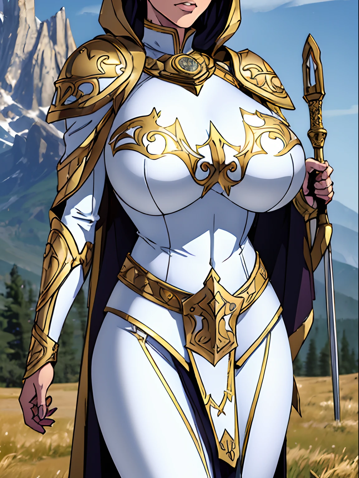 (masterpiece, top quality, best quality, official art, beautiful and aesthetic:1.2), (1girl:1.3), light freckles, fair skin, extremely detailed, portrait, looking at viewer, solo, (full body:0.6), detailed background, close up, (warm grasslands theme:1.1), holy paladin knight, charlatan, smirk, mysterious, swaying in mountains, modest attire, ((((ornate white and gold metal plate armor)))), cowl, nun hood, wimple, boob armor, cowl, robe, chain mail, chainmail, leggings, chainmail leggings, chain mail leggings, (armored breastplate), tabard, gorget, hood, pauldrons, greaves, armored, long boots, longsword, shield, cape, cloak, pearlescent metal, white fabric, pale leather, ((((gigantic breasts)))), slim waist, slim hips, long legs, medieval (mountain exterior:1.1) background, dark mysterious lighting, shadows, magical atmosphere, dutch angle,