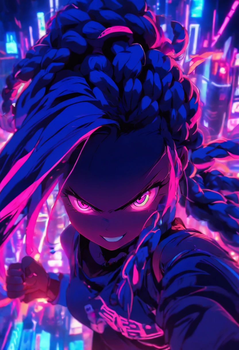 Anime Girl Shadow Fluoresente Hair Braid, Neon Blue Neon Purple Neon,jinkesi_quan jinkesi_lian high quality,Psychotic smile,Hand Held Gun