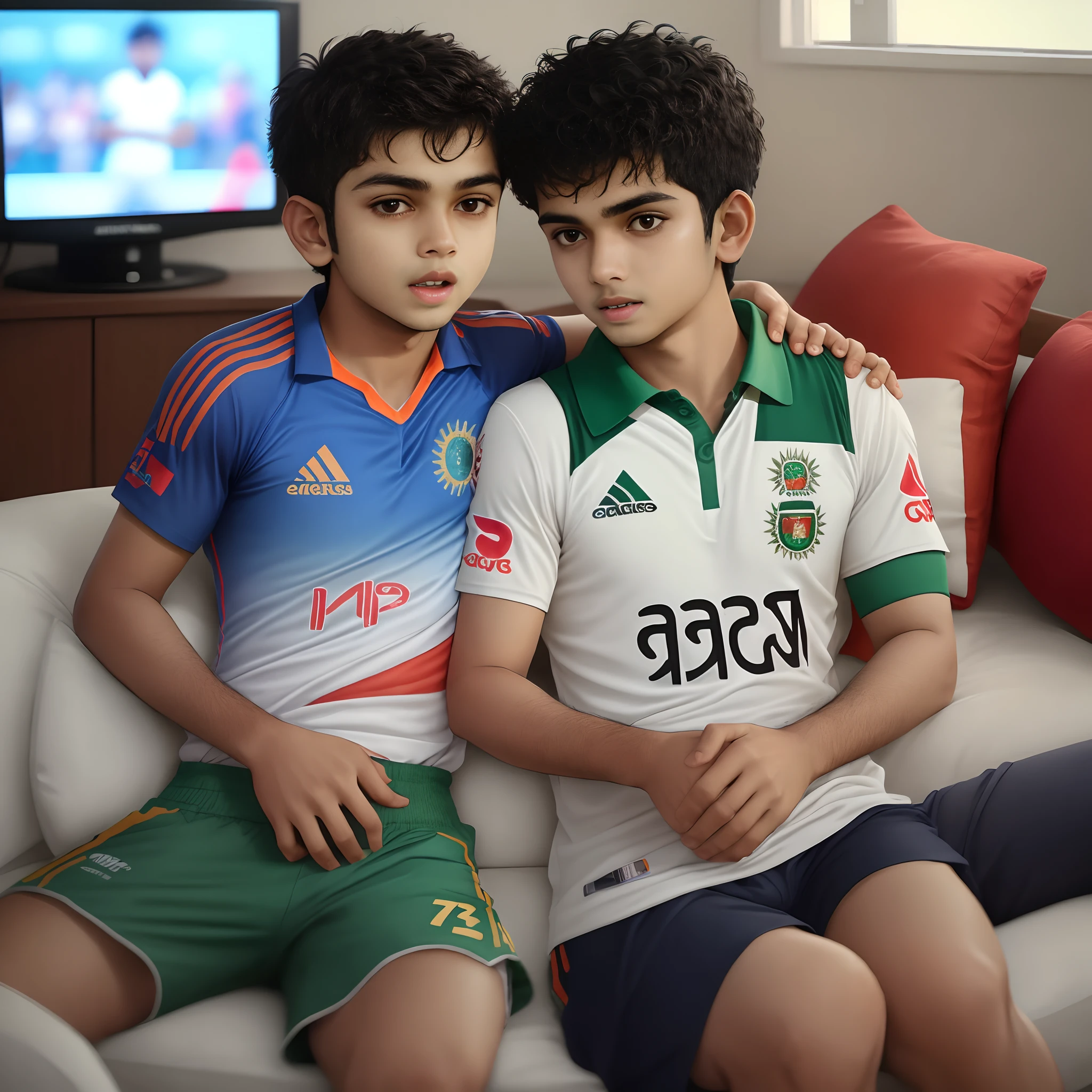 boy watching Bangladesh vs india match on Tv He Wearing Bangladesh jersey with Name "RASEL"& Number in"28"