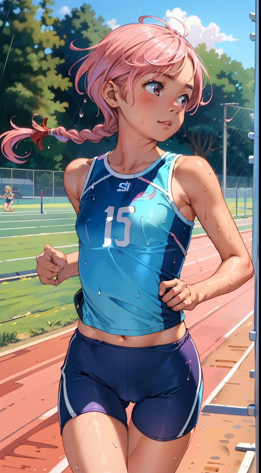 masterpiece, best quality, ultra-detailed, illustration, an extremely delicate and beautiful,high resolution, ultra-detailed,,perfect face,slender perfect body, Tight belly,Toned buttocks,Constricted waist,,(2 girls to running,dash:1.5), yo,(1girlto pink hair,1girl to white hair), (1girl to very short hair,1girl to braided long hair), shy daughter, short stature, small tits,(flom track and field), (fashionable track and field athlete),(bike shorts), small tits, (wet:1.2), track and field,((very wide shot )),(cameltoe),( visible through clothes)