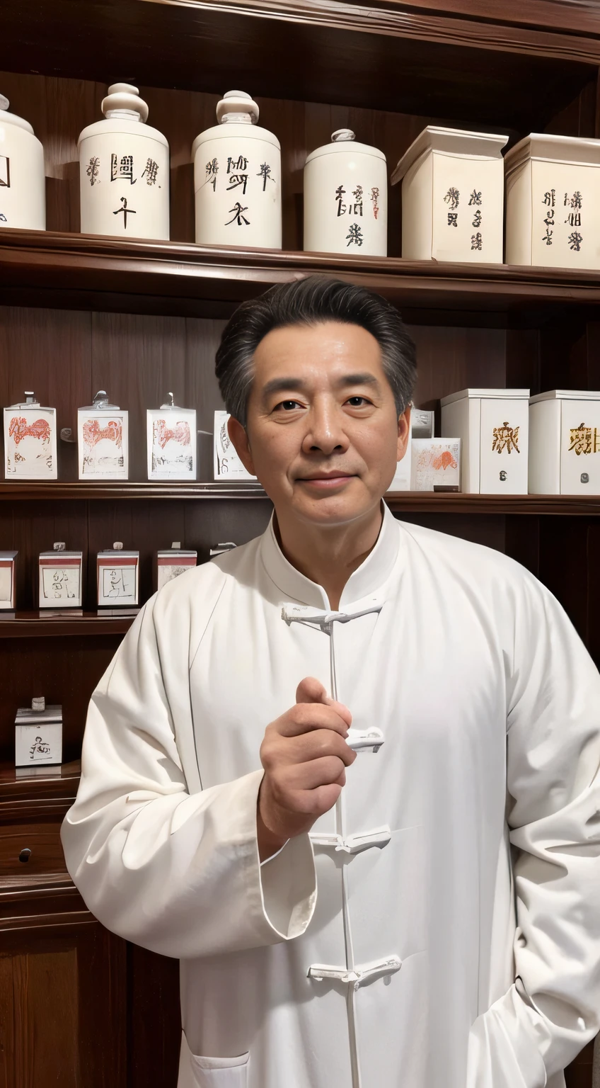 Chinese image,Real frontal photos,Authentic background,Inside a Chinese medicine store,Manteau blanc,Face full of wrinkles,TCM image,Wise eyes,male people