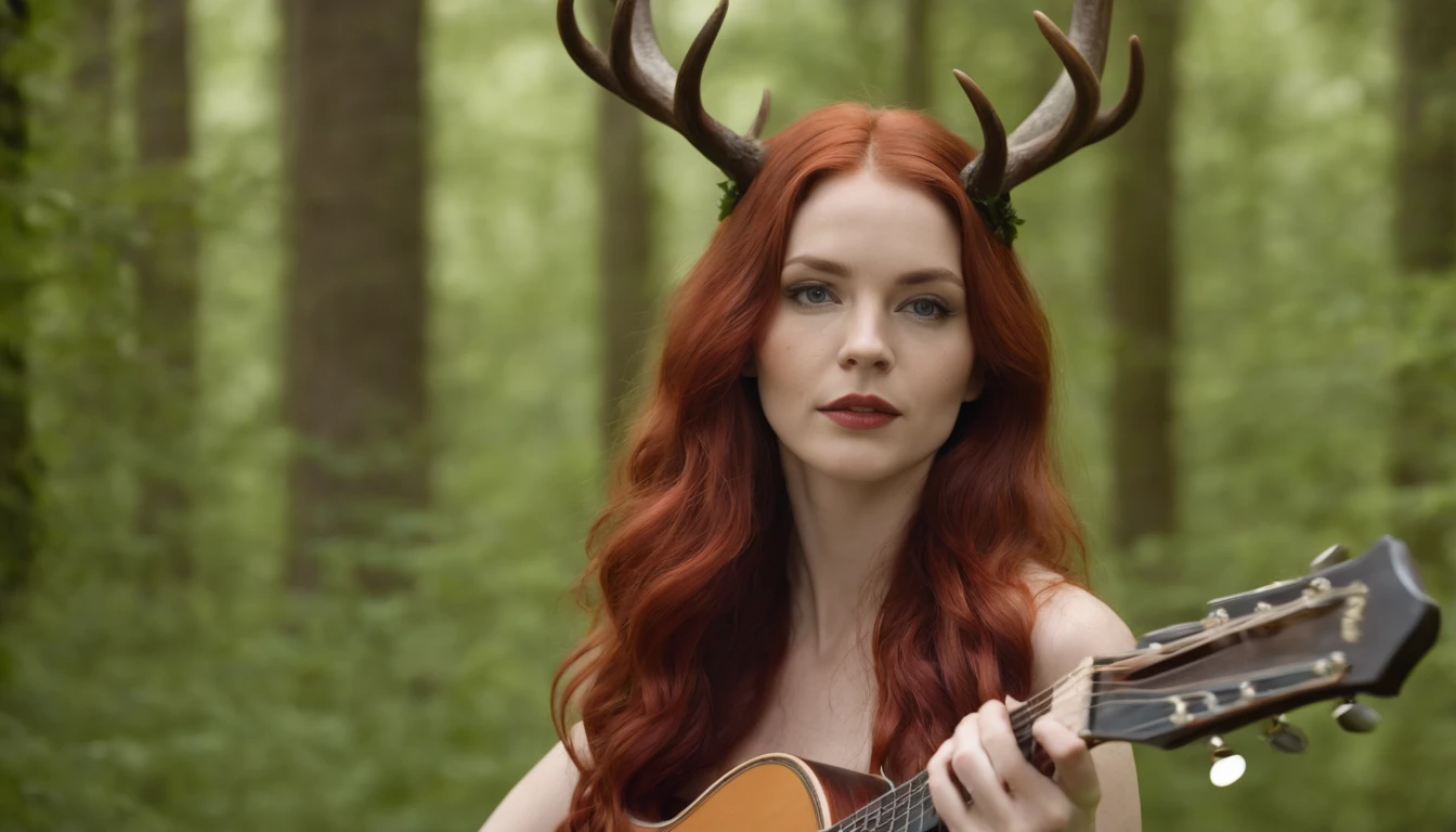 Realistic lillith long wavy red hair. Unclothed, , medium breasts red , green eyes, stag horns, carrying acoustic guitar, surrounded by forest lush