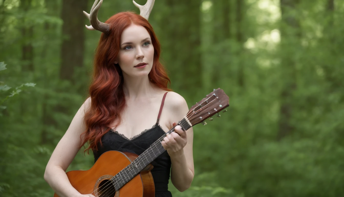 Realistic lillith long wavy red hair. Unclothed, , medium breasts red , green eyes, stag horns, carrying acoustic guitar, surrounded by forest lush