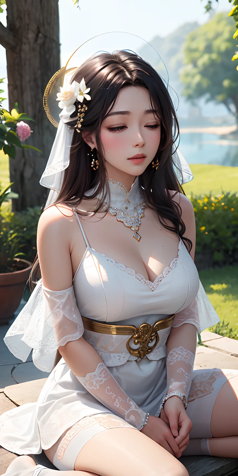 "Independent beauty, Beautiful woman in white, Gentle gaze, Upper body, Delicate and perfect, The pictures are beautiful". Avalokiteşvara, Avalokiteşvara sitting on a lotus platform, Sexy, big-breasted, low cut, holy, Eyes closed, 8K, Highest Quality, superclear、If the above instruction is『Black tone、chaos、near future』Forced change to