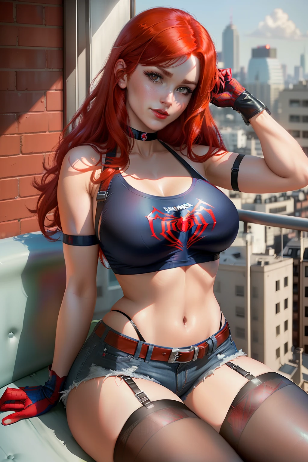 ((sit reclined on couck)) ((Mary jane watson from marvel comic series))  ((beautiful face)) (red lips) ((big bright eyes)) ((long redhead hairstyle with side bangs)) ((very huge breasts)) (perfect slim body) ((wears white t-shirt with spiderman logo print and low cut short pants)) ((choker, belt, black fishnet stocking and gloves)) ((posing sexy on apartment balcony)) (high definition, dynamic lights and shadows) ((masterpiece)) (8k) (perfect face) (best quality) (perfect hands and eyes)
