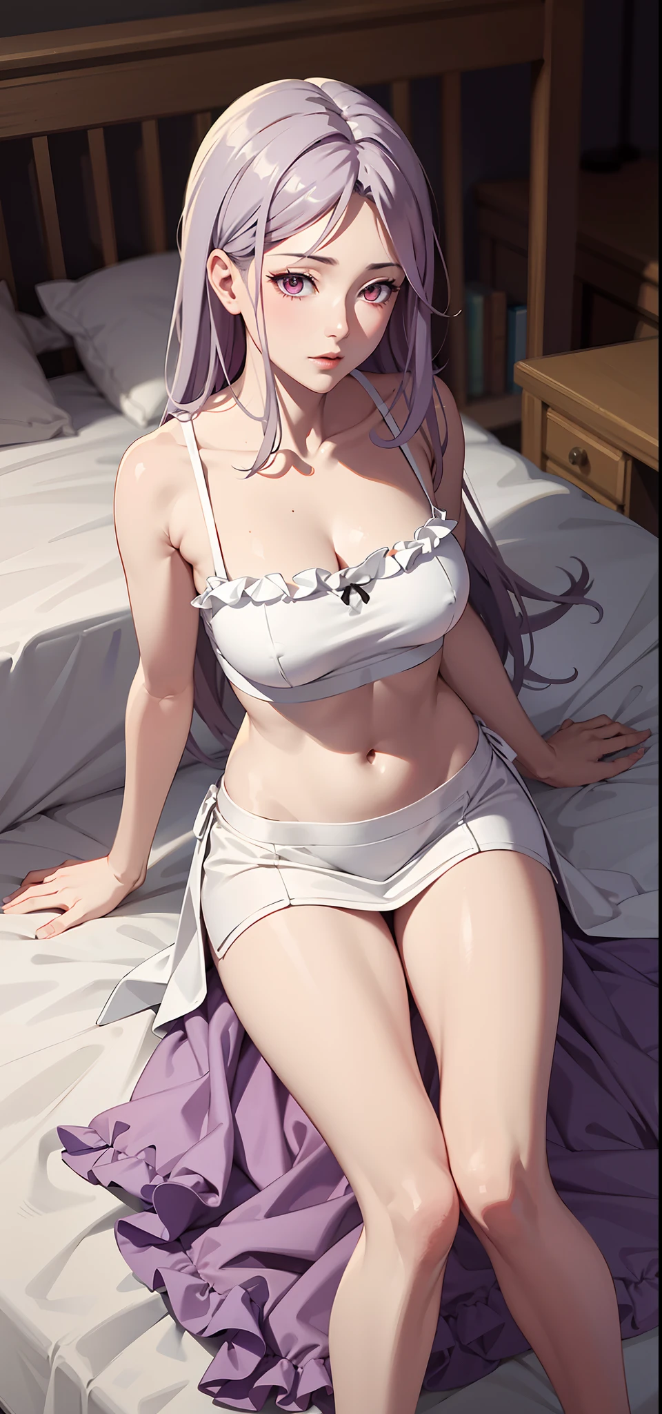 absurd res, high res, (masterpiece:1.4), ultra-detailed, 1girl, tokime, from above, bedroom, sitting, stockings, purple eyes, purple hair, dress, bare shoulders, white dress, navel