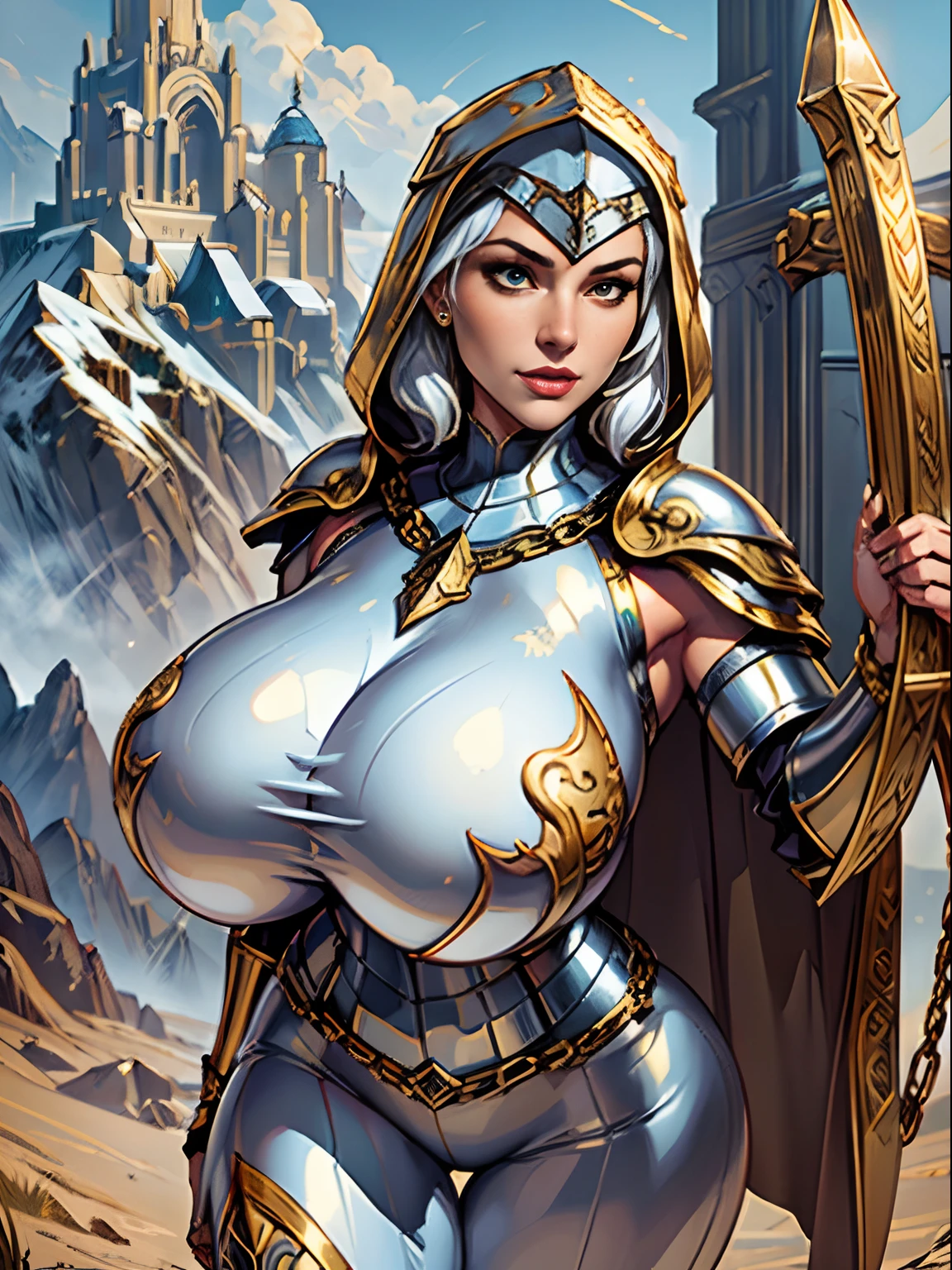 (masterpiece, top quality, best quality, official art, beautiful and aesthetic:1.2), (1girl:1.3), light freckles, fair skin, extremely detailed, portrait, looking at viewer, solo, (full body:0.6), detailed background, close up, (warm grasslands theme:1.1), holy paladin knight, charlatan, smirk, mysterious, swaying in mountains, modest attire, ((((ornate white and gold metal plate armor)))), cowl, nun hood, wimple, boob armor, cowl, robe, chain mail, chainmail, leggings, chainmail leggings, chain mail leggings, (armored breastplate), tabard, gorget, hood, pauldrons, greaves, armored, long boots, longsword, shield, cape, cloak, pearlescent metal, white fabric, pale leather, ((((gigantic breasts)))), slim waist, slim hips, long legs, medieval (mountain exterior:1.1) background, dark mysterious lighting, shadows, magical atmosphere, dutch angle,