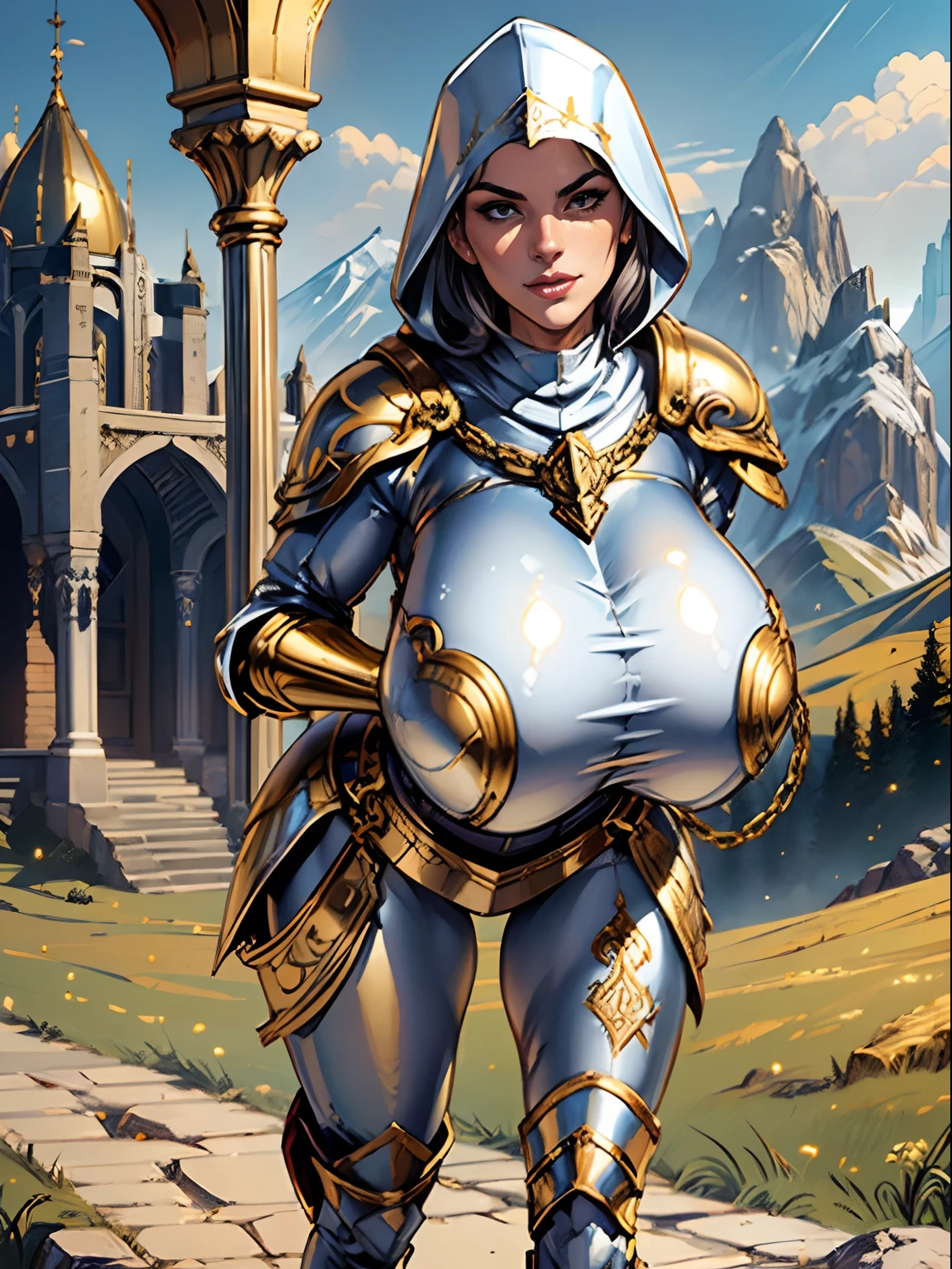 (masterpiece, top quality, best quality, official art, beautiful and aesthetic:1.2), (1girl:1.3), light freckles, fair skin, extremely detailed, portrait, looking at viewer, solo, (full body:0.6), detailed background, close up, (warm grasslands theme:1.1), holy paladin knight, charlatan, smirk, mysterious, swaying in mountains, modest attire, ((((ornate white and gold metal plate armor)))), cowl, nun hood, wimple, boob armor, cowl, robe, chain mail, chainmail, leggings, chainmail leggings, chain mail leggings, (armored breastplate), tabard, gorget, hood, pauldrons, greaves, armored, long boots, longsword, shield, cape, cloak, pearlescent metal, white fabric, pale leather, ((((gigantic breasts)))), slim waist, slim hips, long legs, medieval (mountain exterior:1.1) background, dark mysterious lighting, shadows, magical atmosphere, dutch angle,