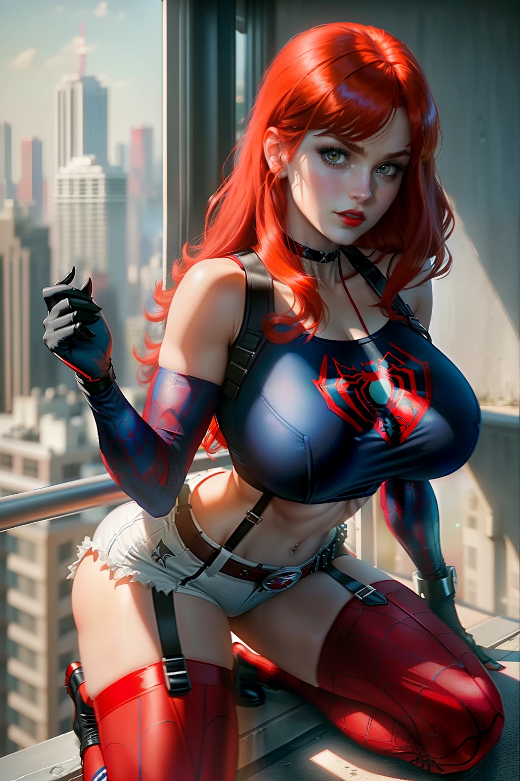 ((Kneel down)) ((Mary jane watson from marvel comic series)) ((beautiful face)) (red lips) ((big bright eyes)) ((long redhead hairstyle with side bangs)) ((very huge breasts)) (perfect slim body) ((wears white t-shirt with spiderman logo print and low cut short pants)) ((choker, belt, black fishnet stocking and gloves)) ((posing sexy on apartment balcony)) (high definition, dynamic lights and shadows) ((masterpiece)) (8k) (perfect face) (best quality) (perfect hands and eyes)