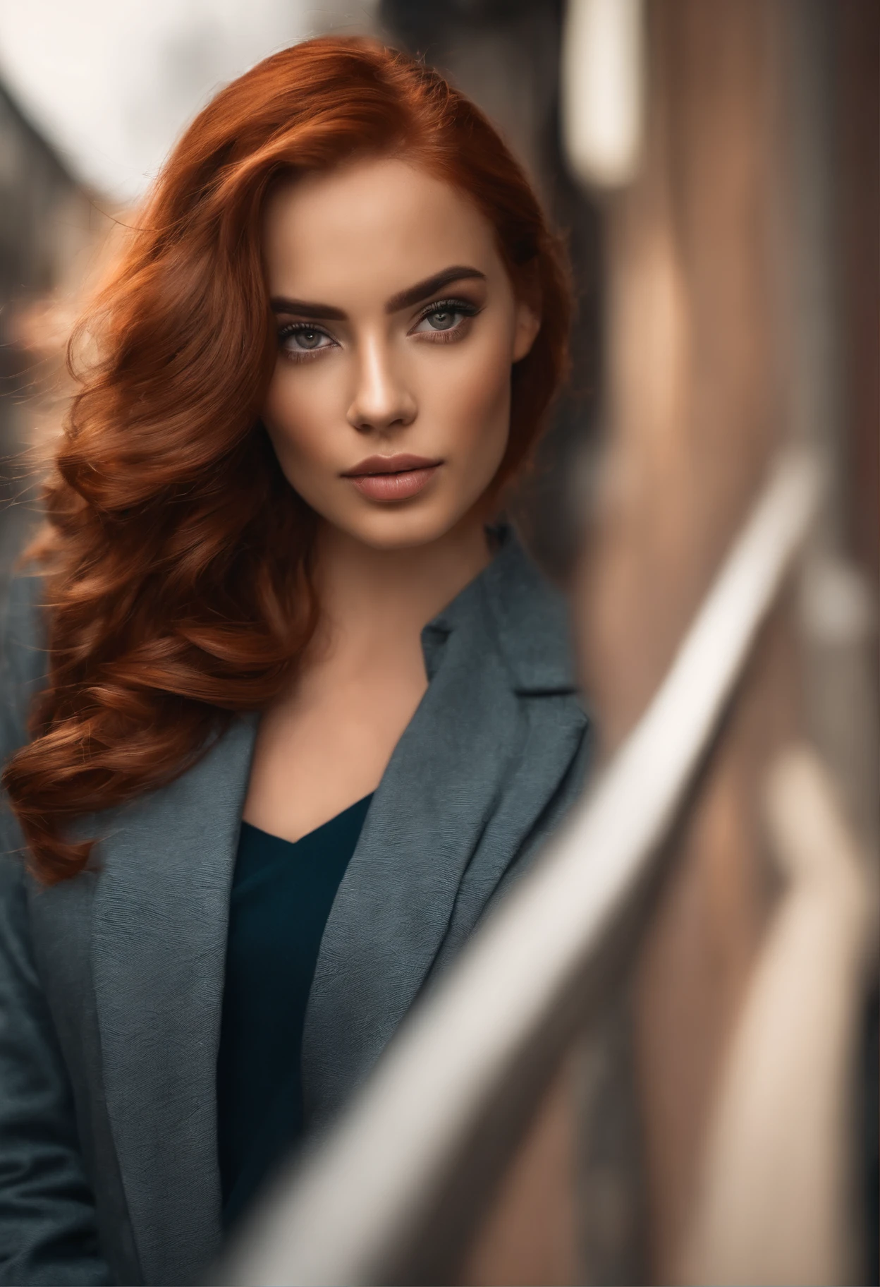 Red Hair Master Piece, mulher jovem 18 anos, rosto detalhado com pinta embaixo do olho esquerdo, olhos puxados, roupa de advogada de forma detalhada, priorize a roupa com detalhes, ela esta indo para o seu trabalho, The background is a street as she's going to work
