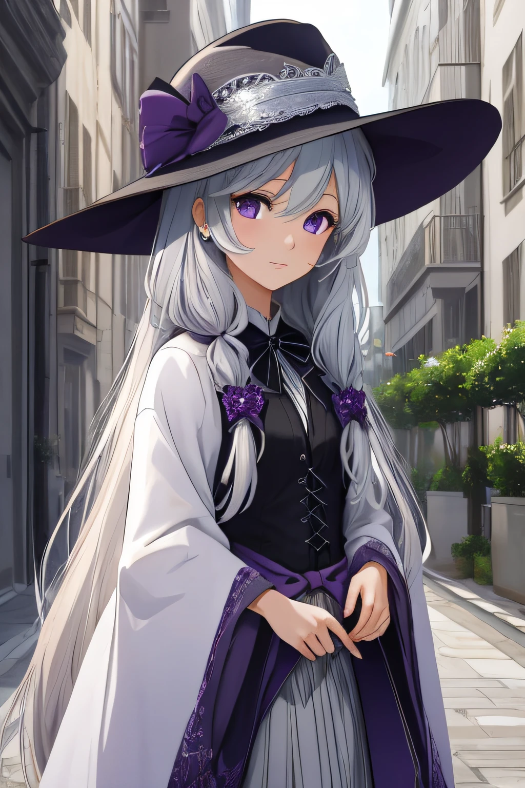 masterpiece, best quality, 1girl, elaina_(majo_no_tabitabi), silver hair, purple eyes, long hair, hat