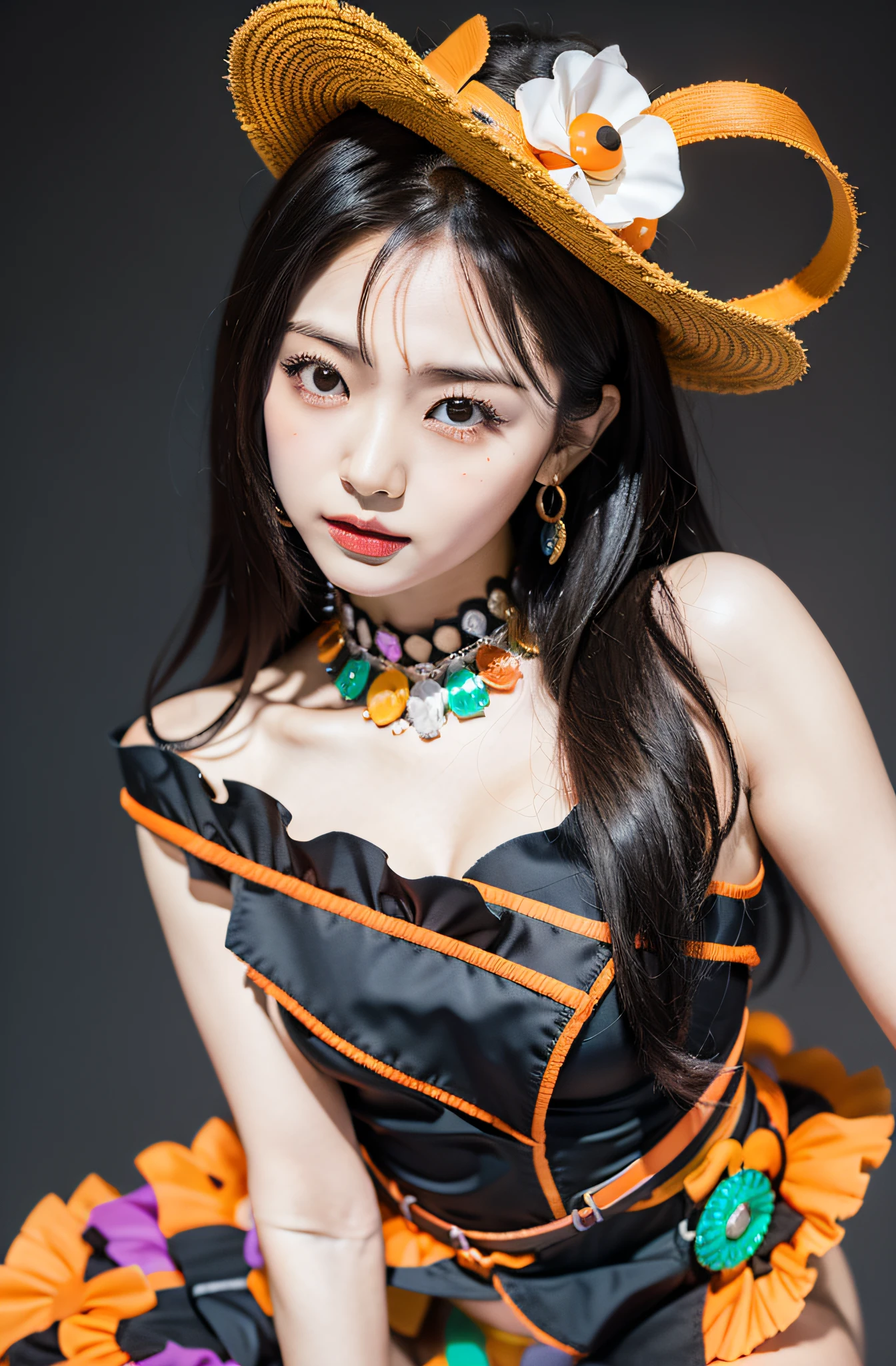 Eri Kamei from Morning Musume, Decorated with a Halloween ensemble that perfectly complements her beauty and sensual figure. The image is、It must be proof of the fusion of AI and art, Catch her in moments of playful mischief and charm. The backdrop should be minimalistic, Make sure she is focused. Emphasis must be placed on realistic realism, The colors of the costume are popping out on a calm background. Photos must be taken with a high-resolution 16k camera, Ensure Ultra HD clarity. The lens you choose should be 85mm, Ensure soft bokeh effect in the background, Elipin has a sharp focus. the setting must be f/8, ISO 100, Shutter speed 1 o'clock/125. --ar 16:9 - V5.1 --Style raw --Q 2 --S 750
