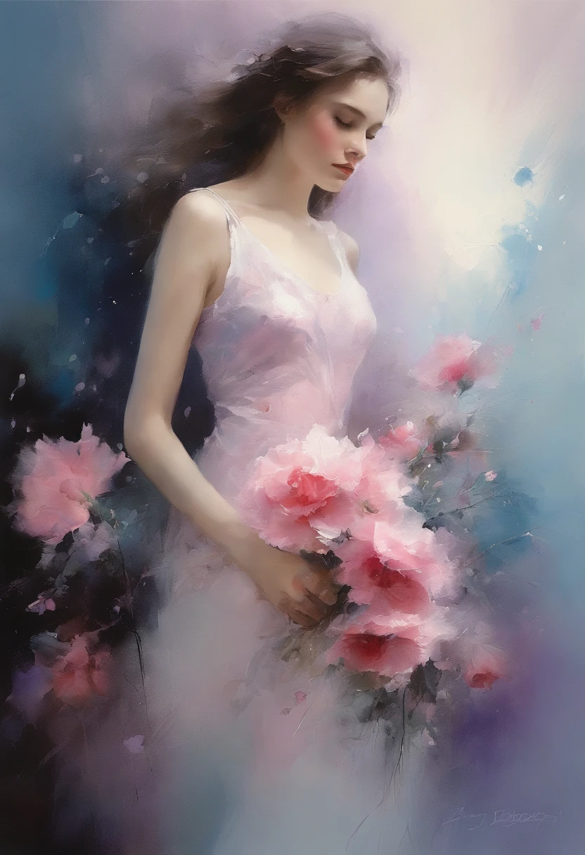1girl,flower, Lisianthus ,in the style of light pink and light azure, dreamy and romantic compositions, pale pink, ethereal foliage, playful arrangements,fantasy, high contrast, ink strokes, explosions, over exposure, purple and red tone impression , abstract, ((watercolor painting by John Berkey and Jeremy Mann )) brush strokes, negative space,