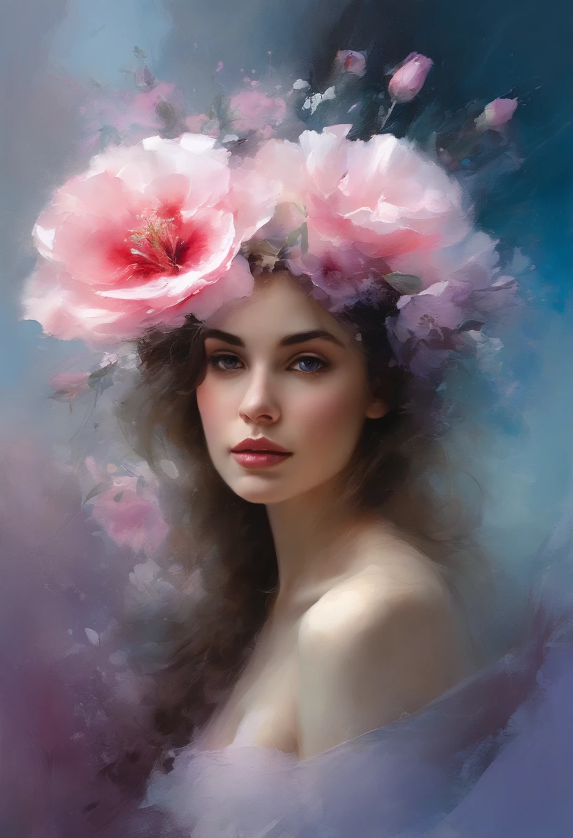 1girl,flower, Lisianthus ,in the style of light pink and light azure, dreamy and romantic compositions, pale pink, ethereal foliage, playful arrangements,fantasy, high contrast, ink strokes, explosions, over exposure, purple and red tone impression , abstract, ((watercolor painting by John Berkey and Jeremy Mann )) brush strokes, negative space,