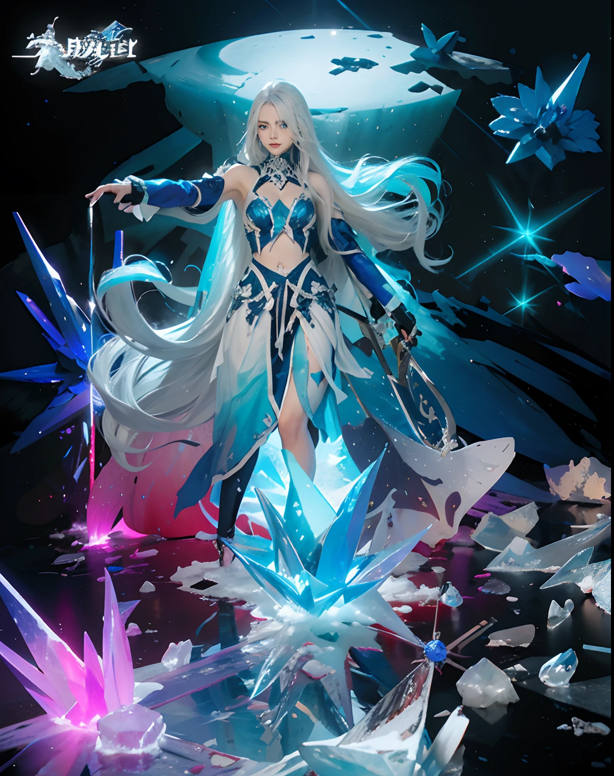 (Jingliu honkai Star rail)),((realistic, photorealistic)),(Steel mask )), Light reflection, (( Blooming white hair )), navel, detached sleeves,((upper body)), (((best quality, masterpiece))), Looking for viewers, Burning ice, blue gradient, ice element, Standing on a ice rock, ice debris, blue aura,The moon is covered in clouds,sword, ice land broke,,Blue element, ice smoke, Snow shards,Standing on ice,The ice crystal rock shattere,Standing on ice crystals,Hair loose