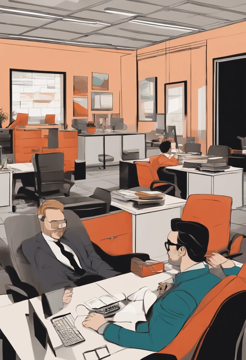 This scene takes place in an ordinary office with employees working at their desks.
Some employees wear sleep masks, have pillows on their desks or are set up in reclining chairs.
The scene should evoke a calm and relaxing work environment where napping is encouraged.