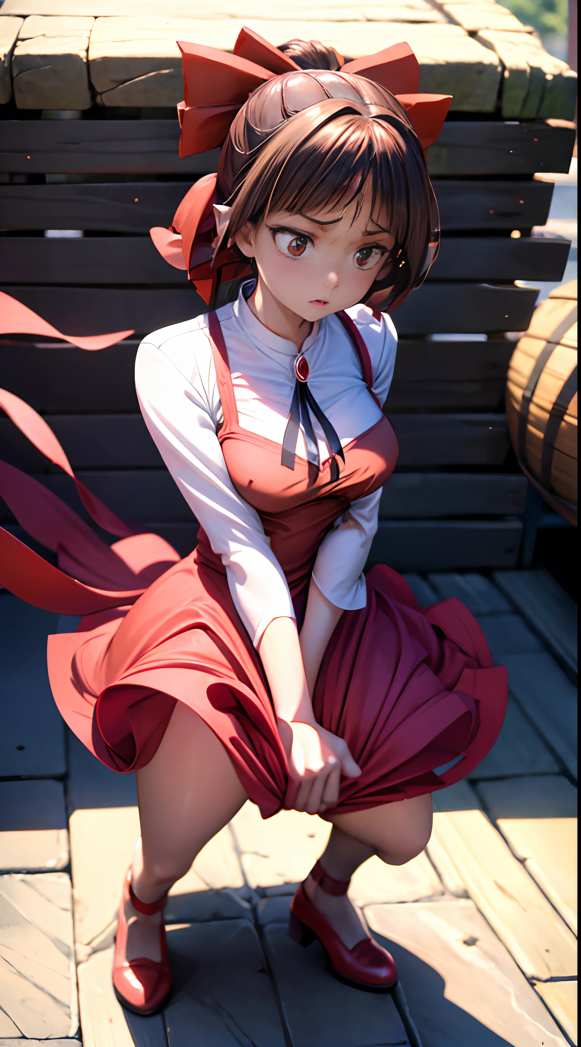 1womanl,Brown hair,Red ribbons ,(((Impatient expression))),Beautiful breasts,White shirt,Red Mini Dress,well-styled,,(Facing the front)(((())、