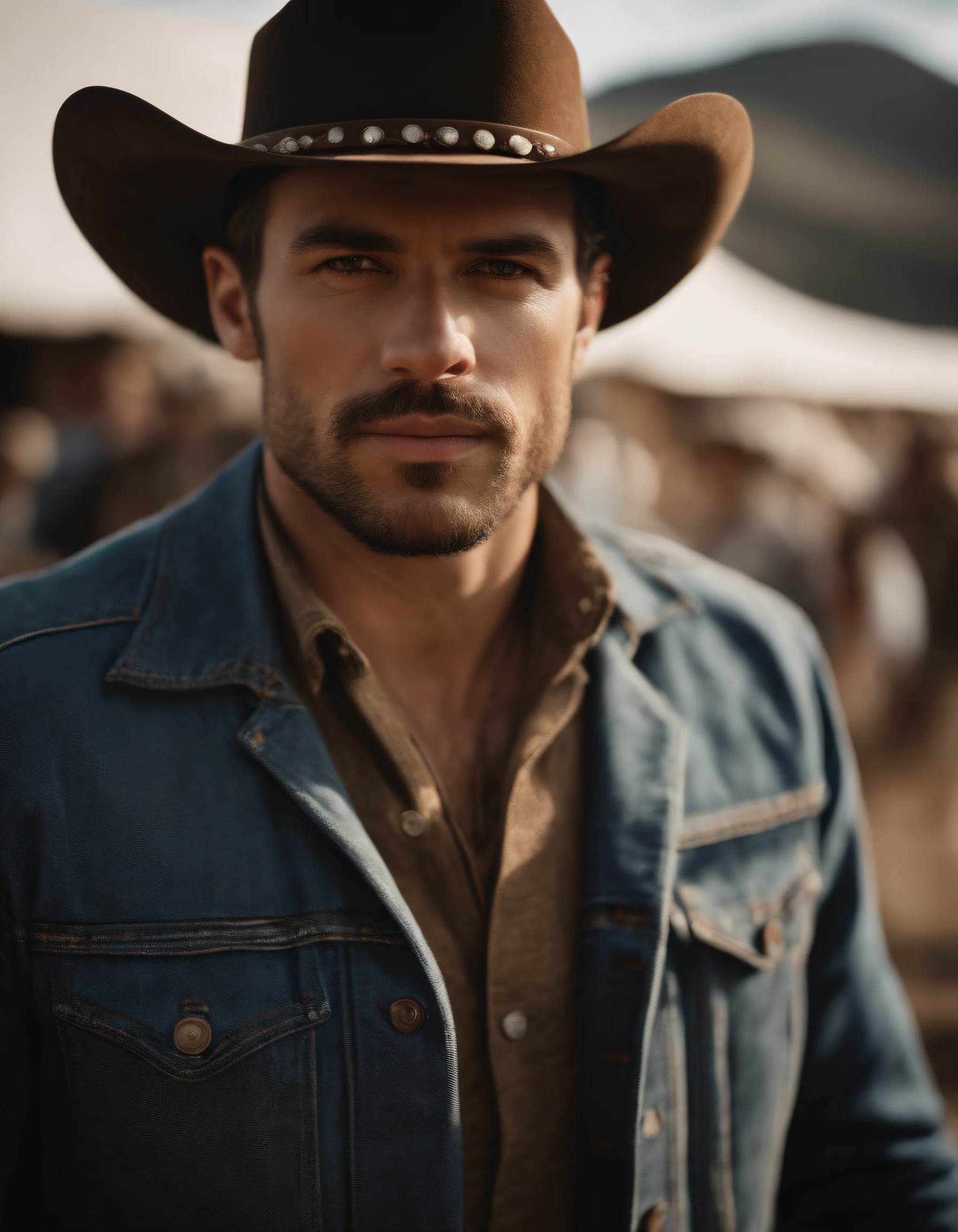 movie portrait, ((Upper body)), Facing the audience, (reality :1.3), The most beautiful artwork photos in the world, Man looks at camera, Vintage denim outfits, Western Cowboy, Detailed beautiful face, action SHOT, (Convoluted :1.4), Western background, photos realistic, In the daytime, nffsw, art stand