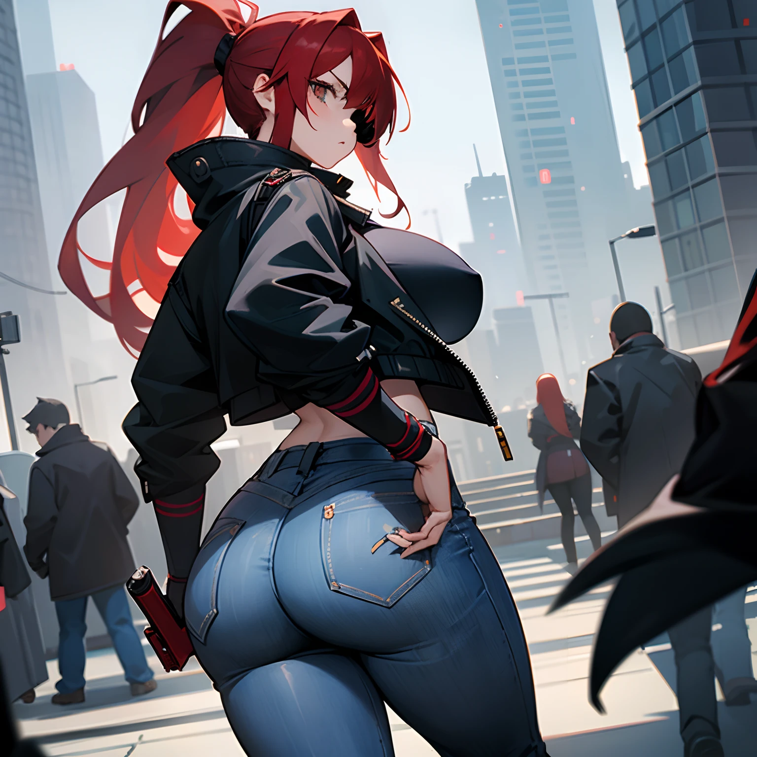 1girl, solo, detailed face, detailed eyes, red hair, long ponytail, white eye, serious, eyepatch, standing, huge breasts, huge ass, wide hips, black jacket, jeans, arched back, ass focus, outdoors, city